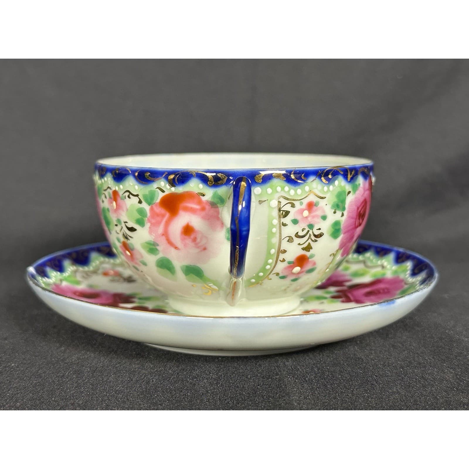 Floral Rose Porcelain Teacup and Saucer Unmarked VG - Thumbnail 2