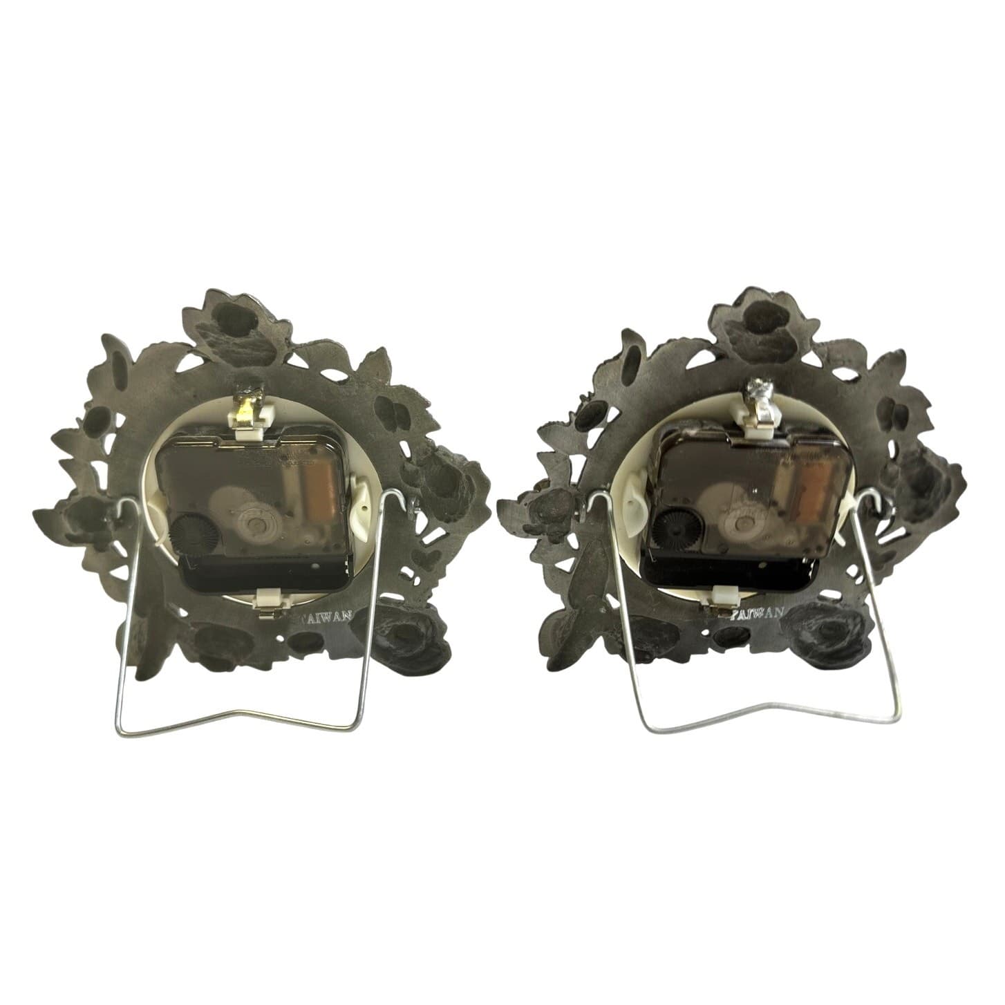 Pair Lovely Rose Rimmed Pewter Colored Metal Frame Quartz Clock by Waltham - Thumbnail 3