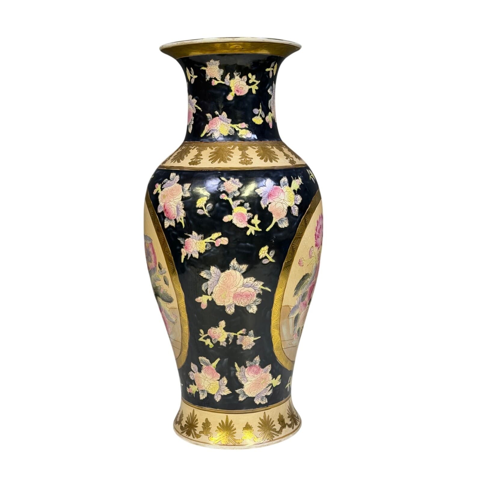 Mid-Century Macau Hand Painted Famille Rose Gold Porcelain 19" Ginger Jar Vase - Thumbnail 2
