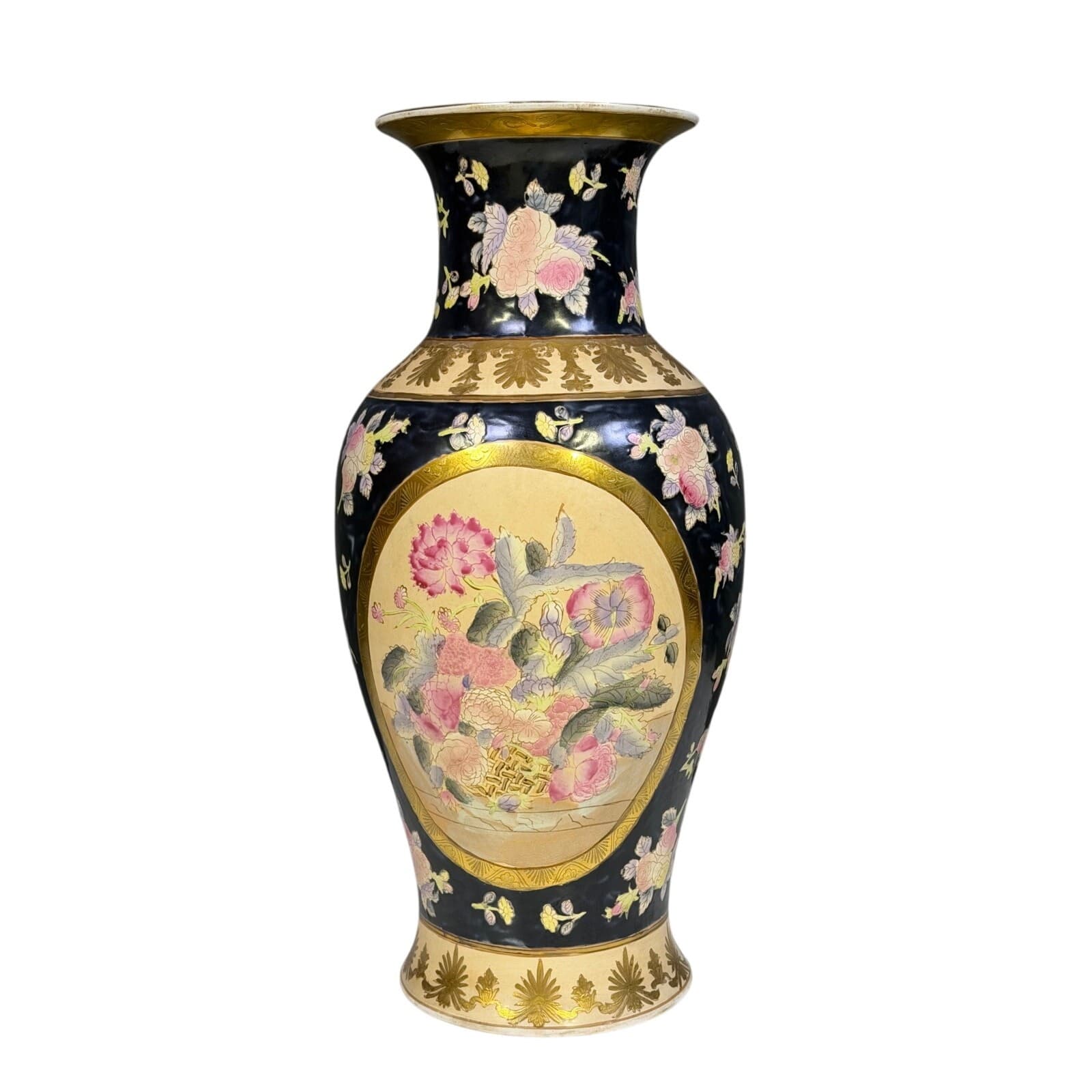 Mid-Century Macau Hand Painted Famille Rose Gold Porcelain 19" Ginger Jar Vase - Thumbnail 3
