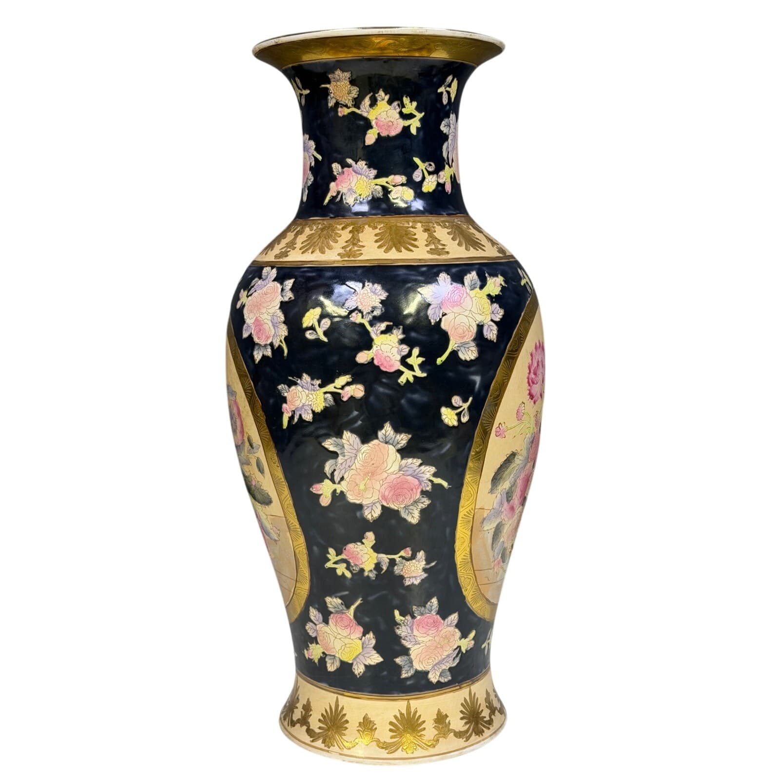 Mid-Century Macau Hand Painted Famille Rose Gold Porcelain 19" Ginger Jar Vase - Thumbnail 4