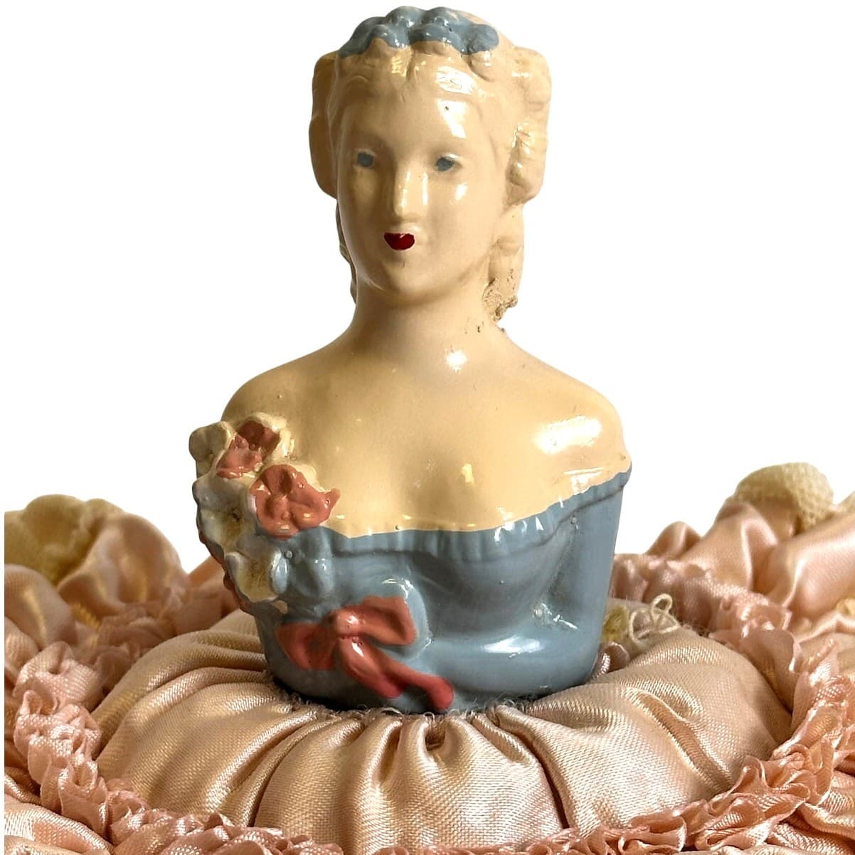 Half Doll Vintage Pink Lace Skirt Pincushion Sewing - Thumbnail 2