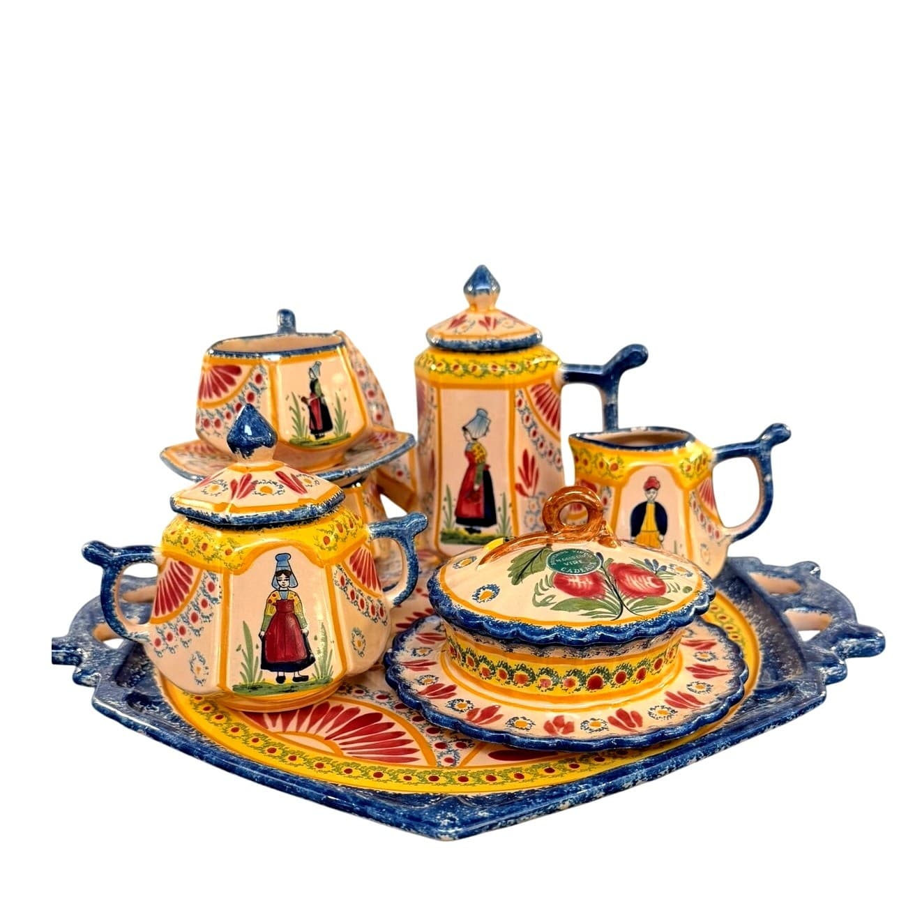 French Vire Faience Vintage Tray Teapot Cups Sugar Cream Covered Dish-9 PC Set - Thumbnail 8