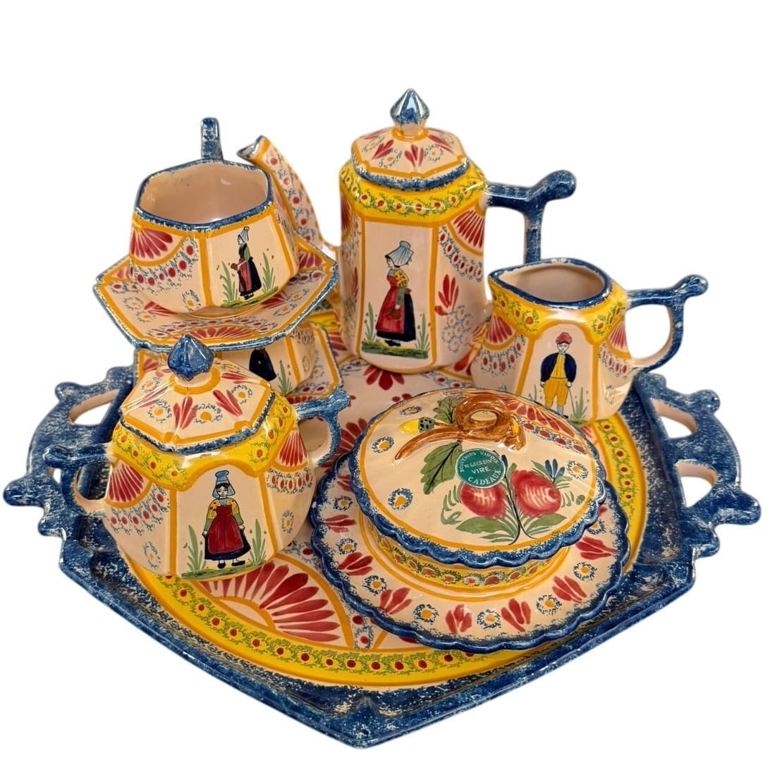 French Vire Faience Vintage Tray Teapot Cups Sugar Cream Covered Dish-9 PC Set - Thumbnail 11