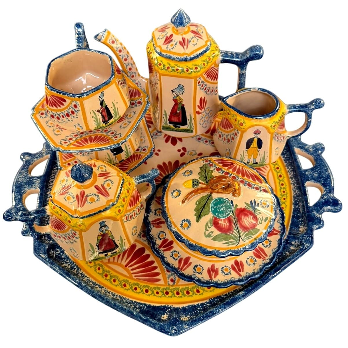 French Vire Faience Vintage Tray Teapot Cups Sugar Cream Covered Dish-9 PC Set - Thumbnail 6