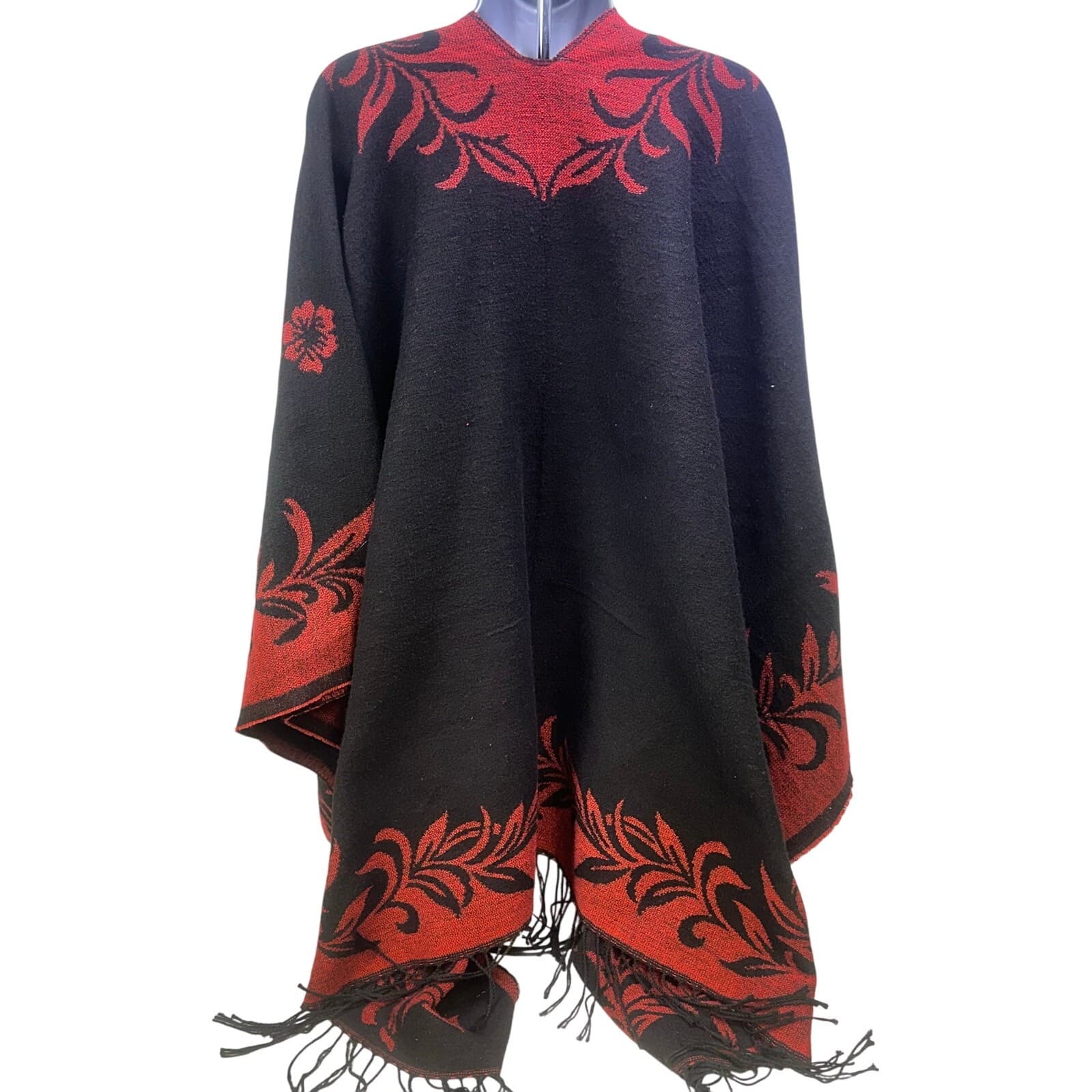 Cashmere Feel Boho Wrap Shawl Reversible Black Red Floral Black Fringe Soft Warm - Thumbnail 7