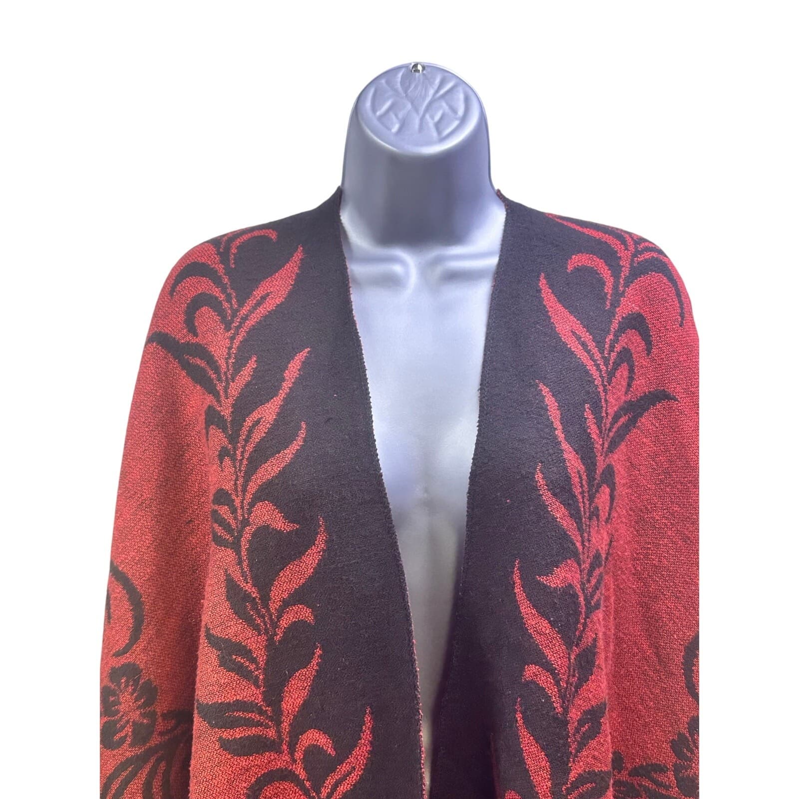 Cashmere Feel Boho Wrap Shawl Reversible Black Red Floral Black Fringe Soft Warm - Thumbnail 2