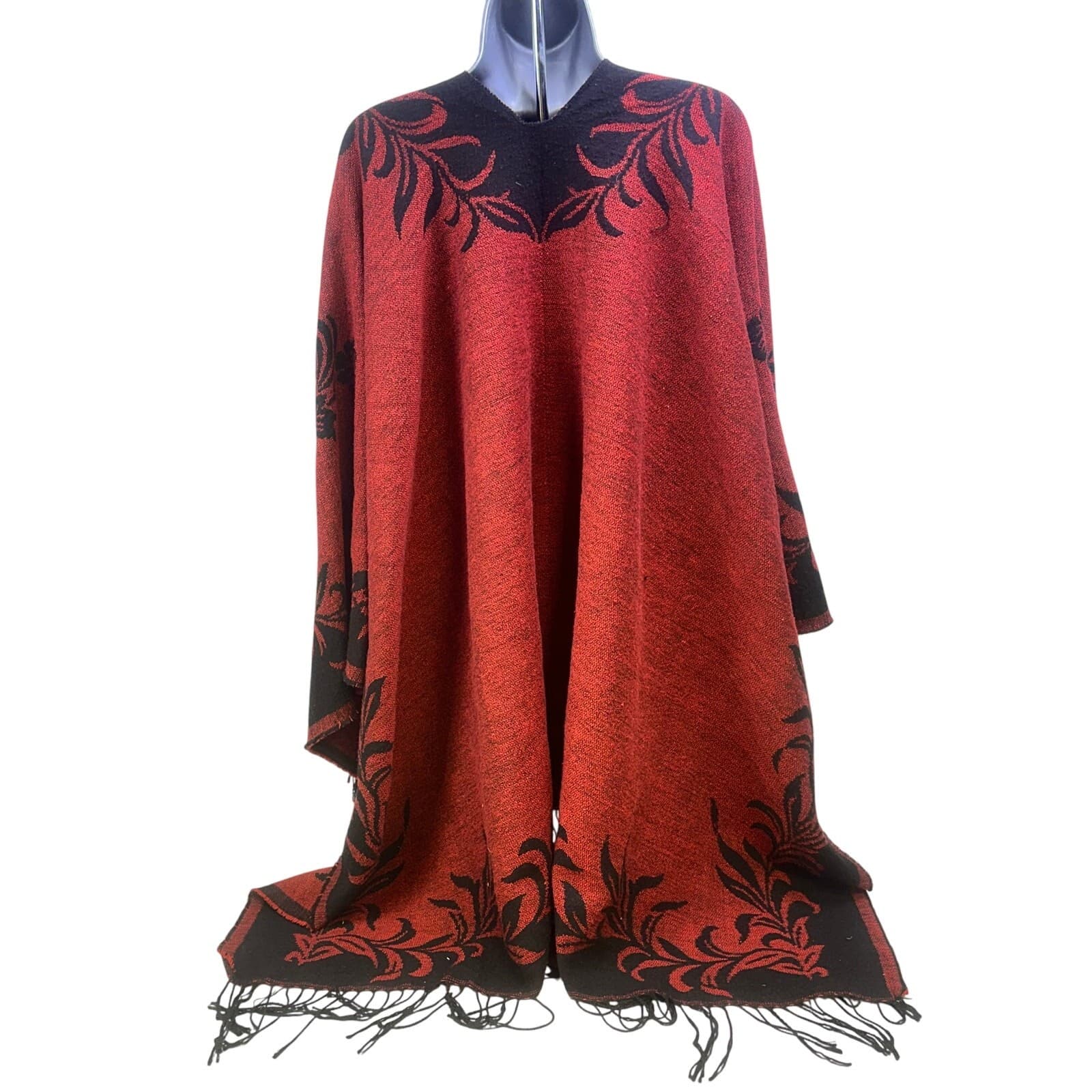 Cashmere Feel Boho Wrap Shawl Reversible Black Red Floral Black Fringe Soft Warm - Thumbnail 3