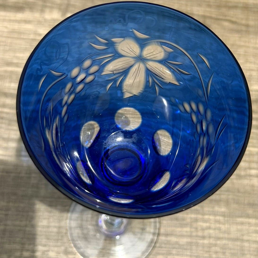 Orange Flash Cobalt Blue Cut-to-Clear Grapevine Vintage Wine Hocks-Set of 6 - Thumbnail 9