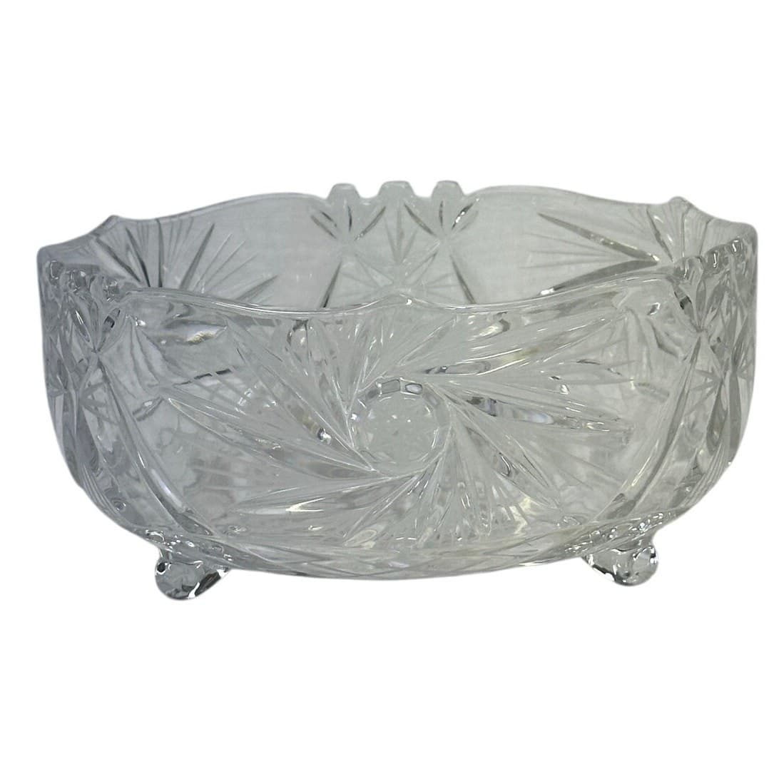 Sudety of Poland Vintage Lead Crystal Tri-Footed Pinwheel Hobstars Bowl