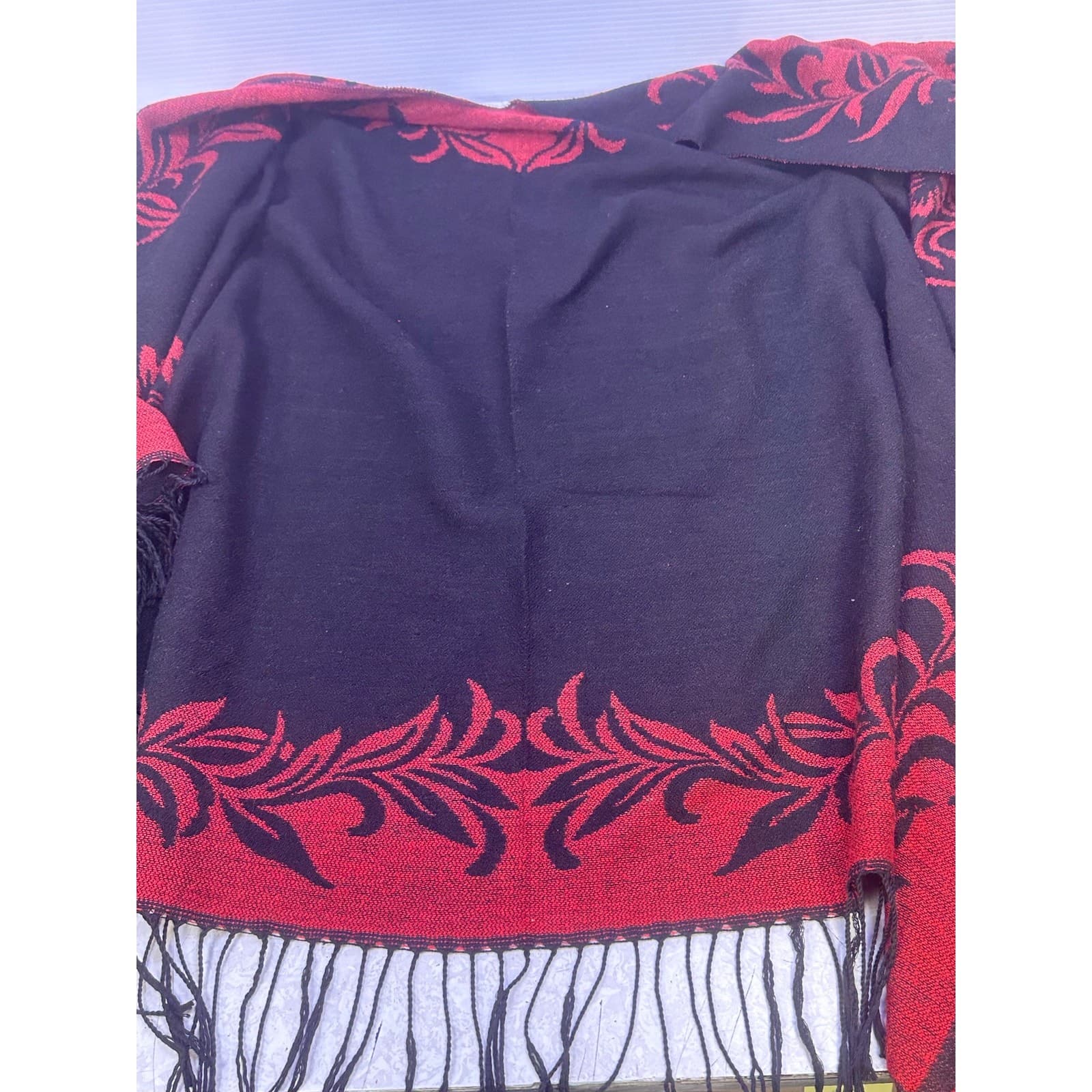 Cashmere Feel Boho Wrap Shawl Reversible Black Red Floral Black Fringe Soft Warm - Thumbnail 5