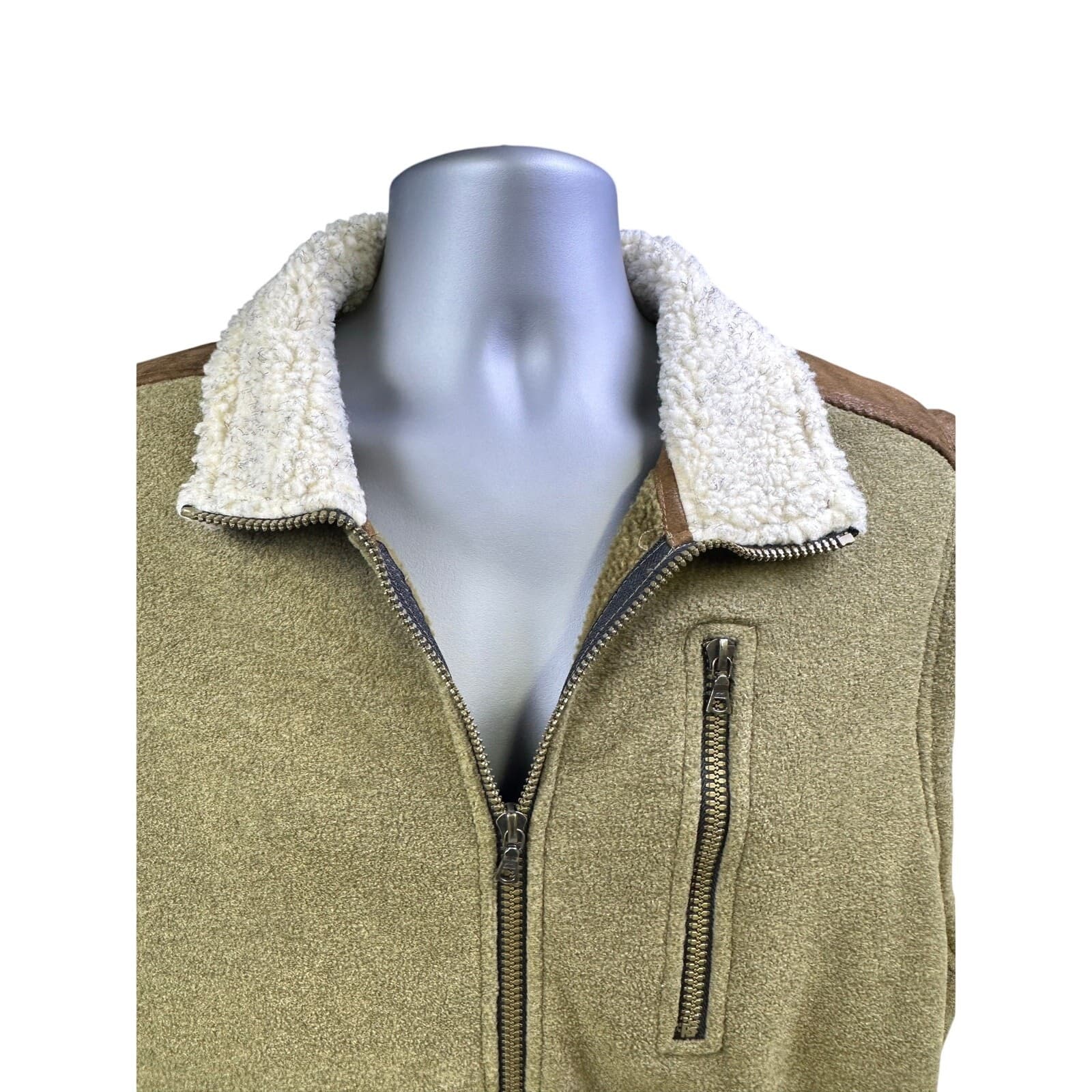 ORVIS Sherpa Mock Fleece #1G40 Vest Mens L Faux Suede Accent Full Zip Bungee Hem - Thumbnail 7