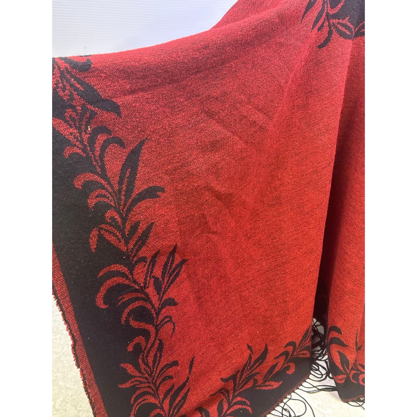 Cashmere Feel Boho Wrap Shawl Reversible Black Red Floral Black Fringe Soft Warm - Thumbnail 4