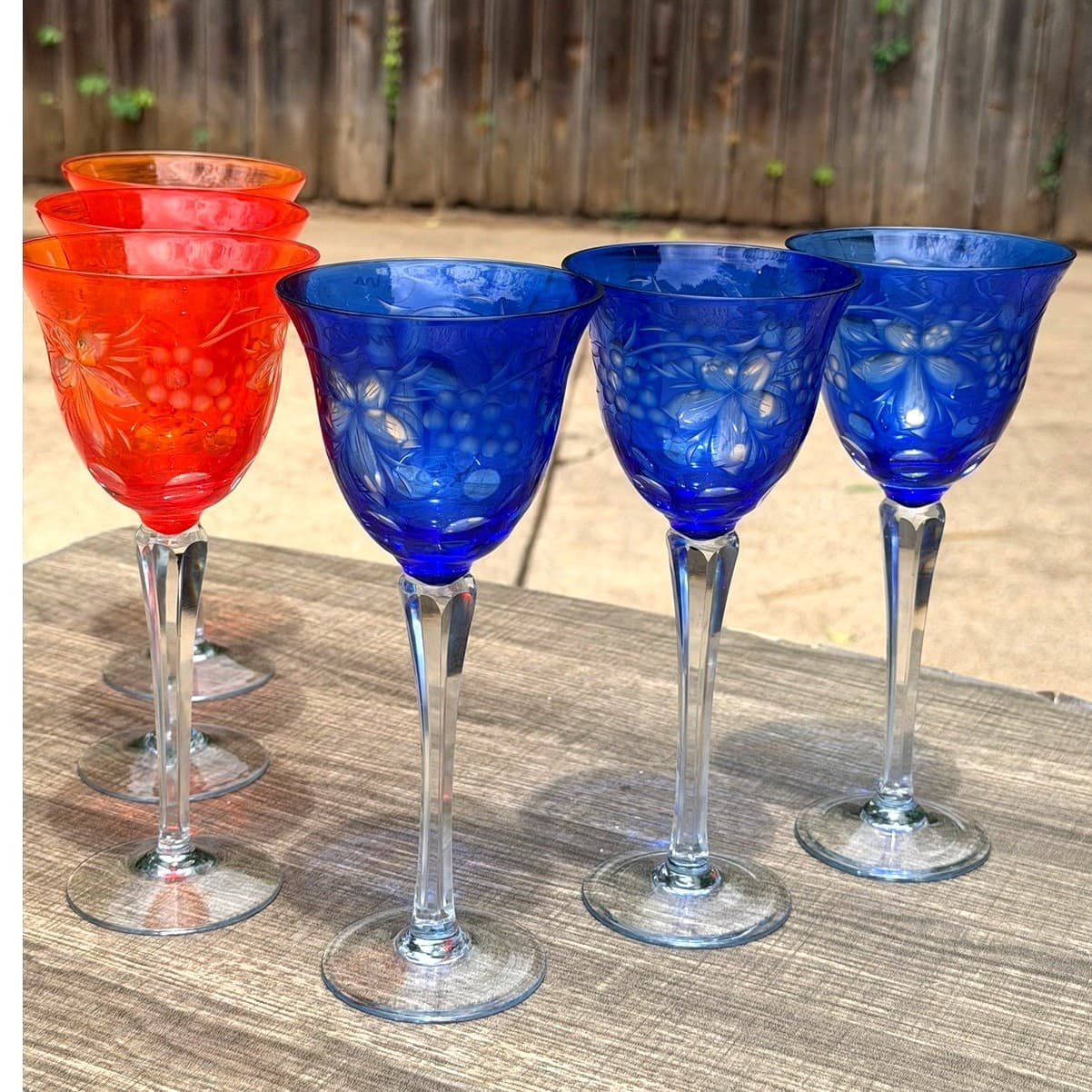 Orange Flash Cobalt Blue Cut-to-Clear Grapevine Vintage Wine Hocks-Set of 6 - Thumbnail 5