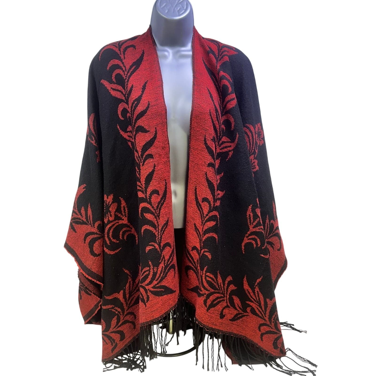 Cashmere Feel Boho Wrap Shawl Reversible Black Red Floral Black Fringe Soft Warm - Thumbnail 6