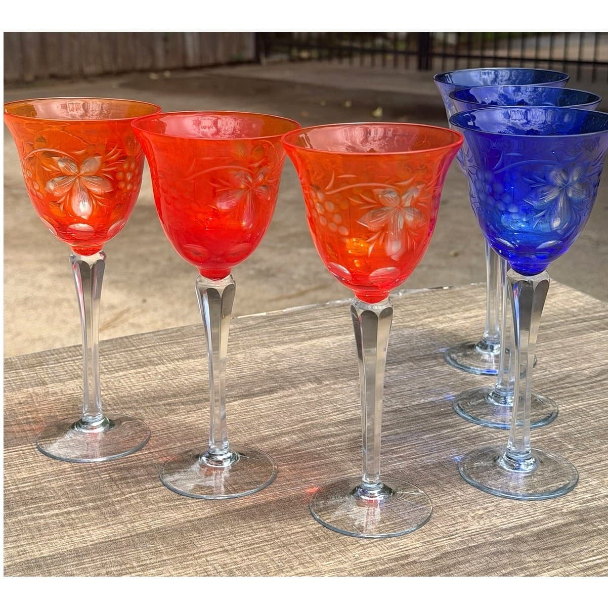 Orange Flash Cobalt Blue Cut-to-Clear Grapevine Vintage Wine Hocks-Set of 6 - Thumbnail 3