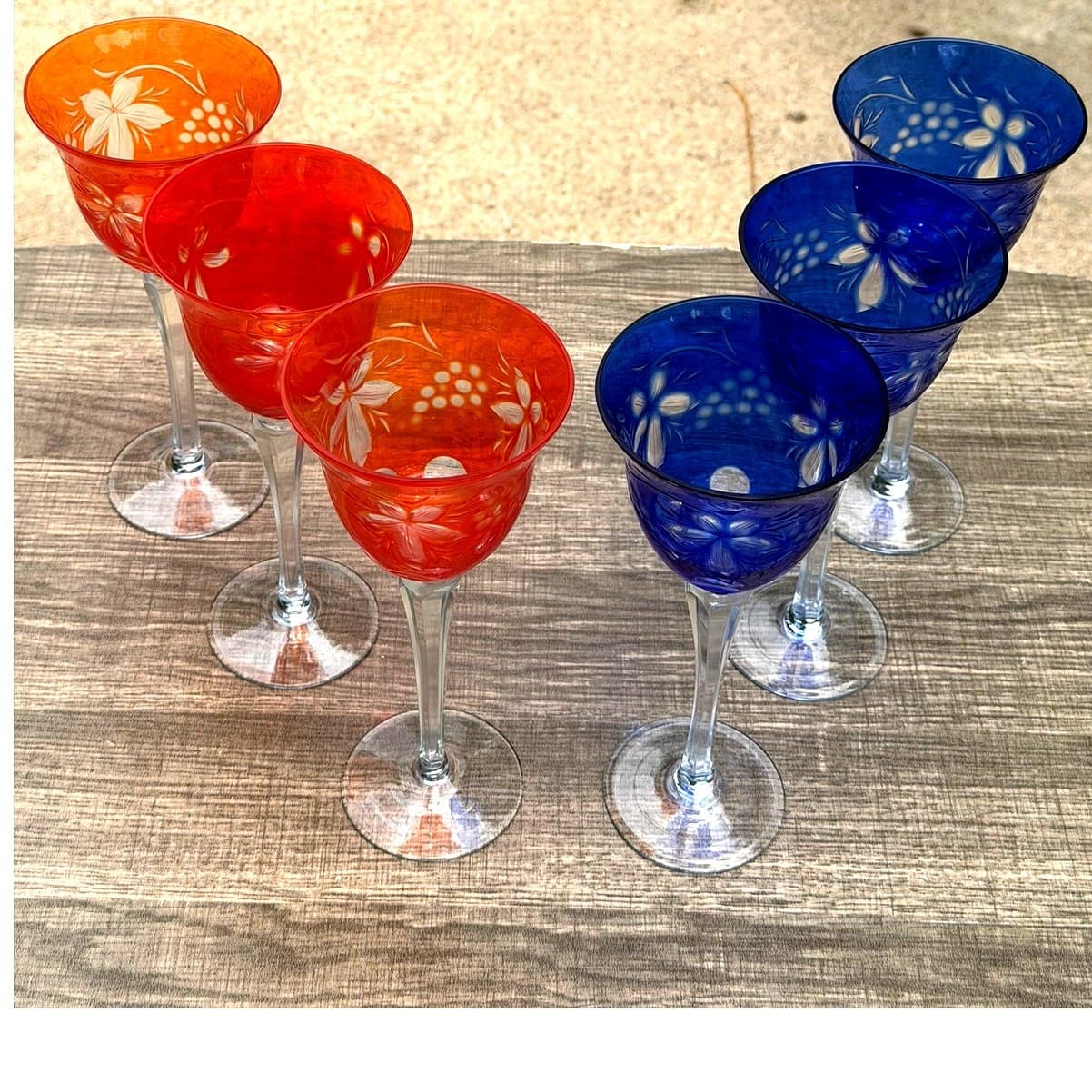 Orange Flash Cobalt Blue Cut-to-Clear Grapevine Vintage Wine Hocks-Set of 6 - Thumbnail 8