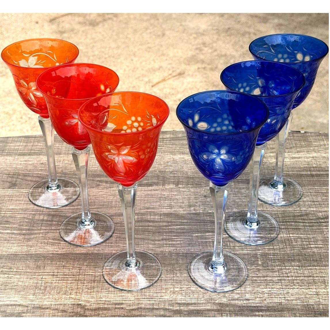Orange Flash Cobalt Blue Cut-to-Clear Grapevine Vintage Wine Hocks-Set of 6 - Thumbnail 6