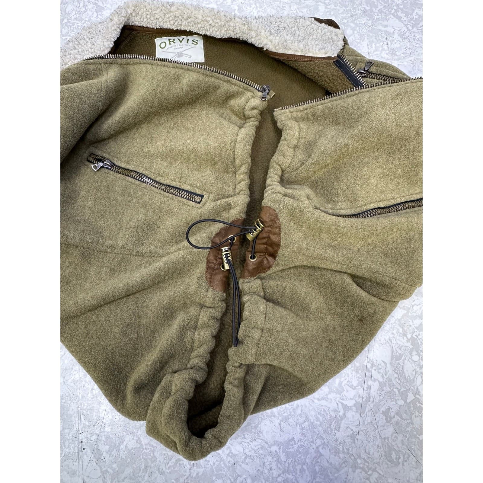 ORVIS Sherpa Mock Fleece #1G40 Vest Mens L Faux Suede Accent Full Zip Bungee Hem - Thumbnail 10