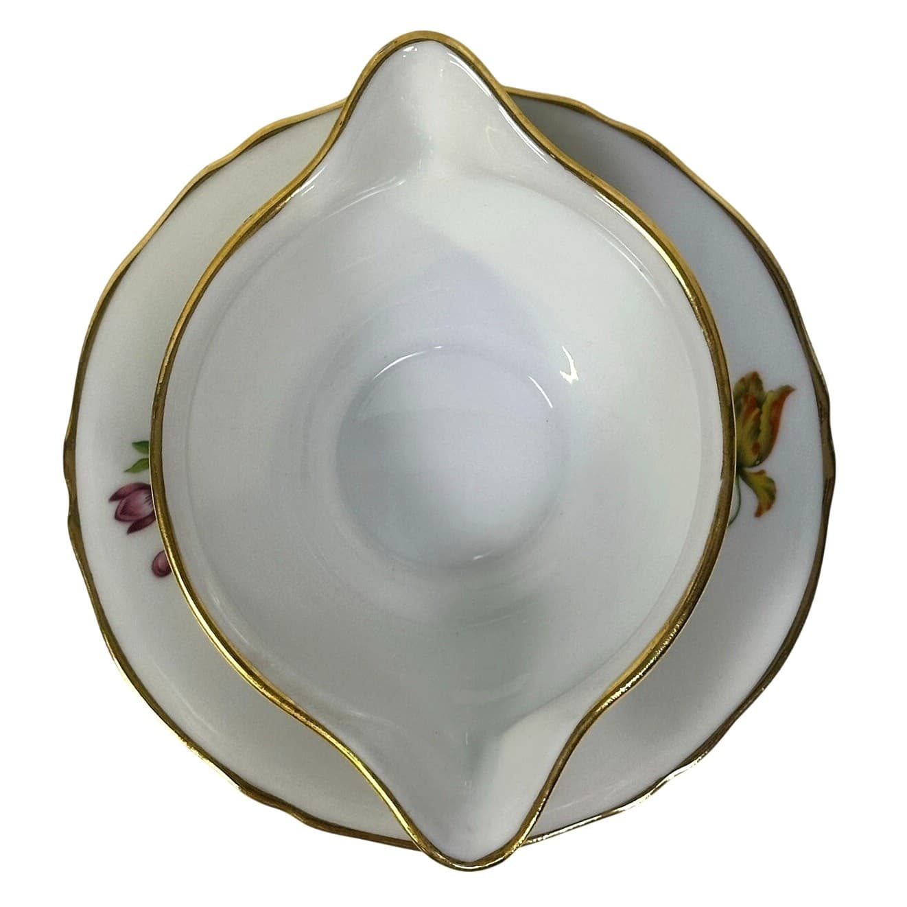 AJCO (AJ07) Vintage 1930's Gold Trim 'Flower' Gravy Boat/Attached Underplate - Thumbnail 5
