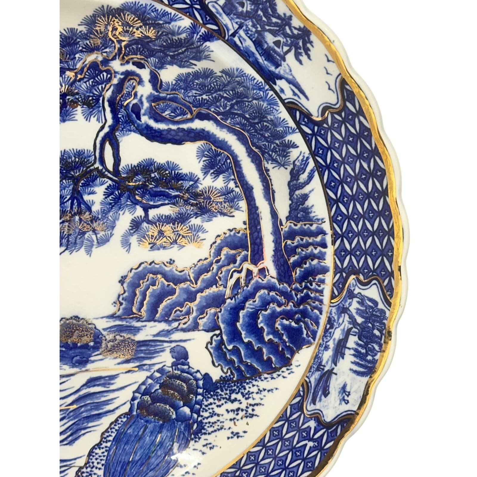 Shirokiya Japanese Blue White Gold Accented Large 14" Charger Serving Platter - Thumbnail 5