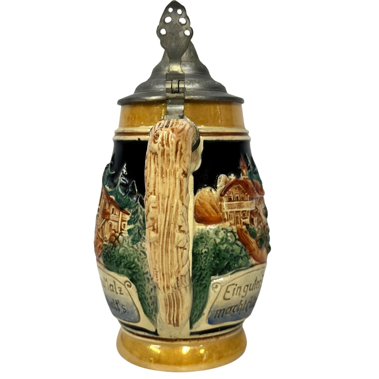 Vintage West Germany 0.5L 8" Beer Stein w/Inscriptions and Decorative Pewter Lid - Thumbnail 2