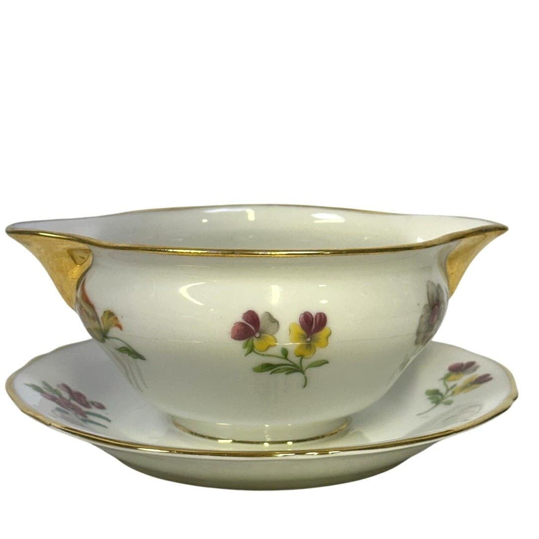 AJCO (AJ07) Vintage 1930's Gold Trim 'Flower' Gravy Boat/Attached Underplate - Thumbnail 3