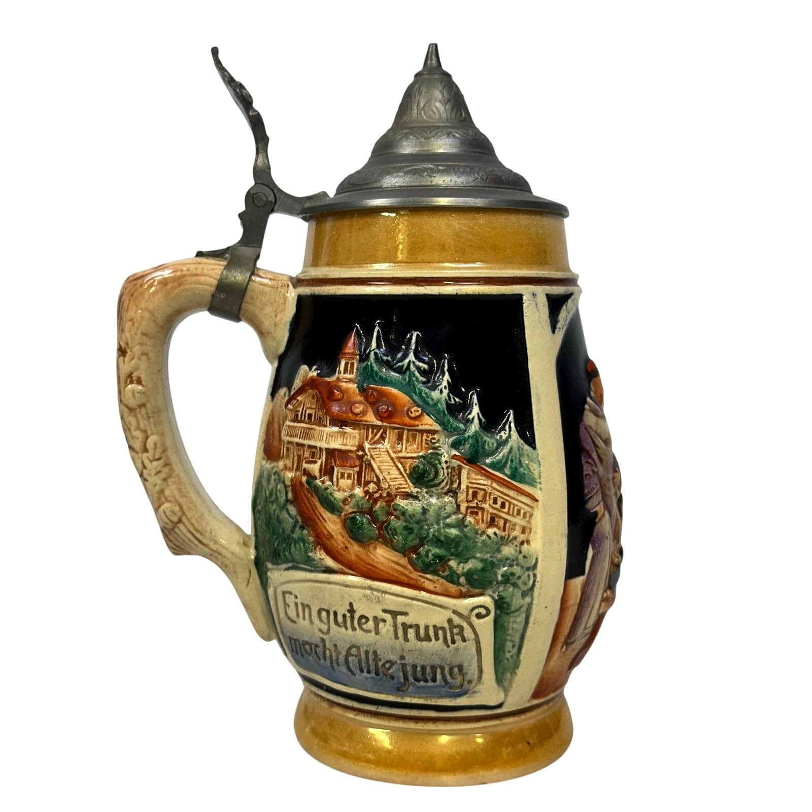 Vintage West Germany 0.5L 8" Beer Stein w/Inscriptions and Decorative Pewter Lid - Thumbnail 3