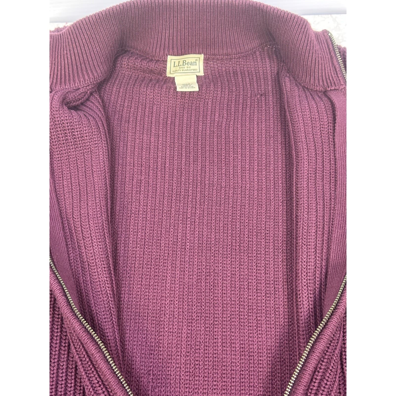 L L Bean 0 FHT4 Men's Large Cable Knit Sweater Burgundy 100% Cotton Full Zip - Thumbnail 7