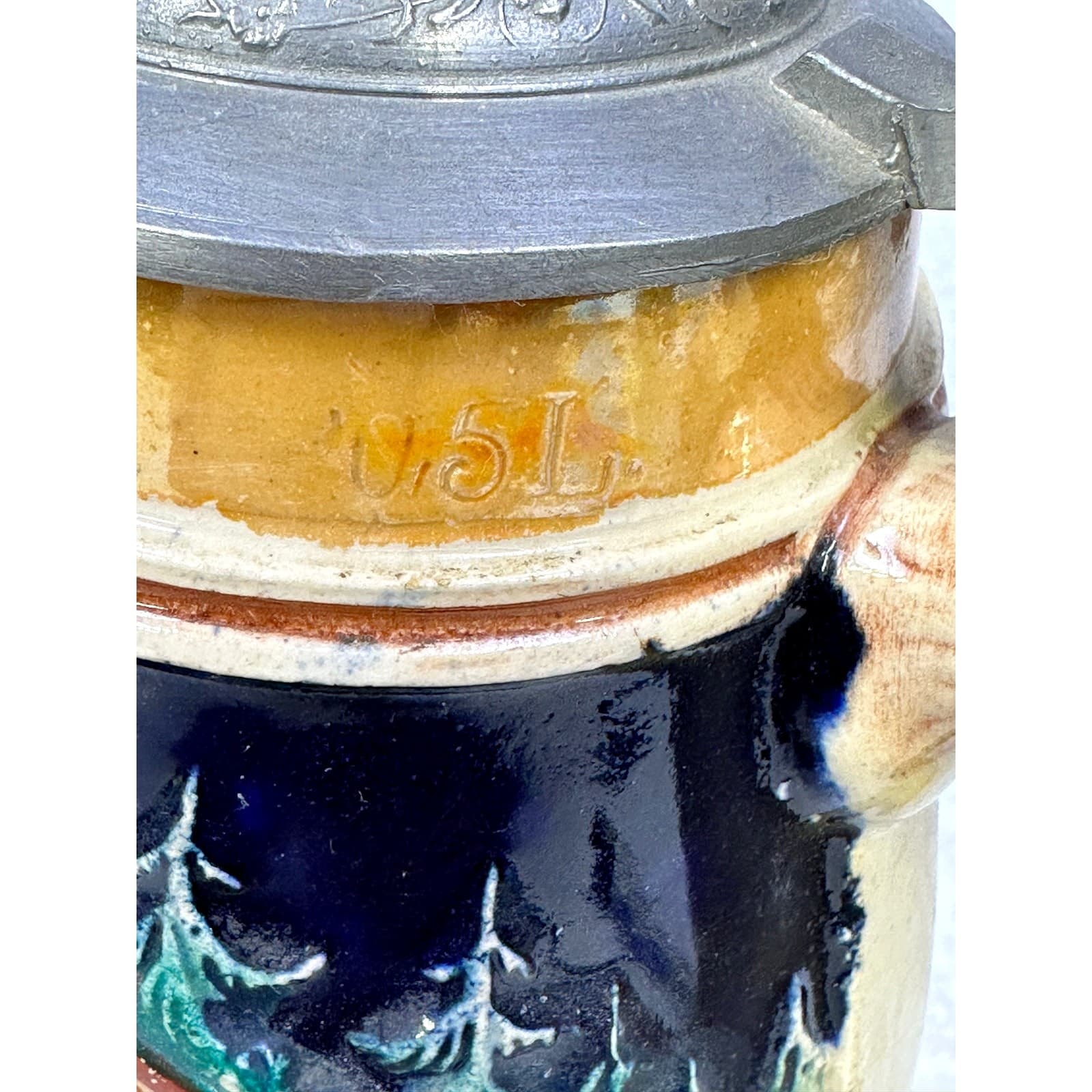 Vintage West Germany 0.5L 8" Beer Stein w/Inscriptions and Decorative Pewter Lid - Thumbnail 5