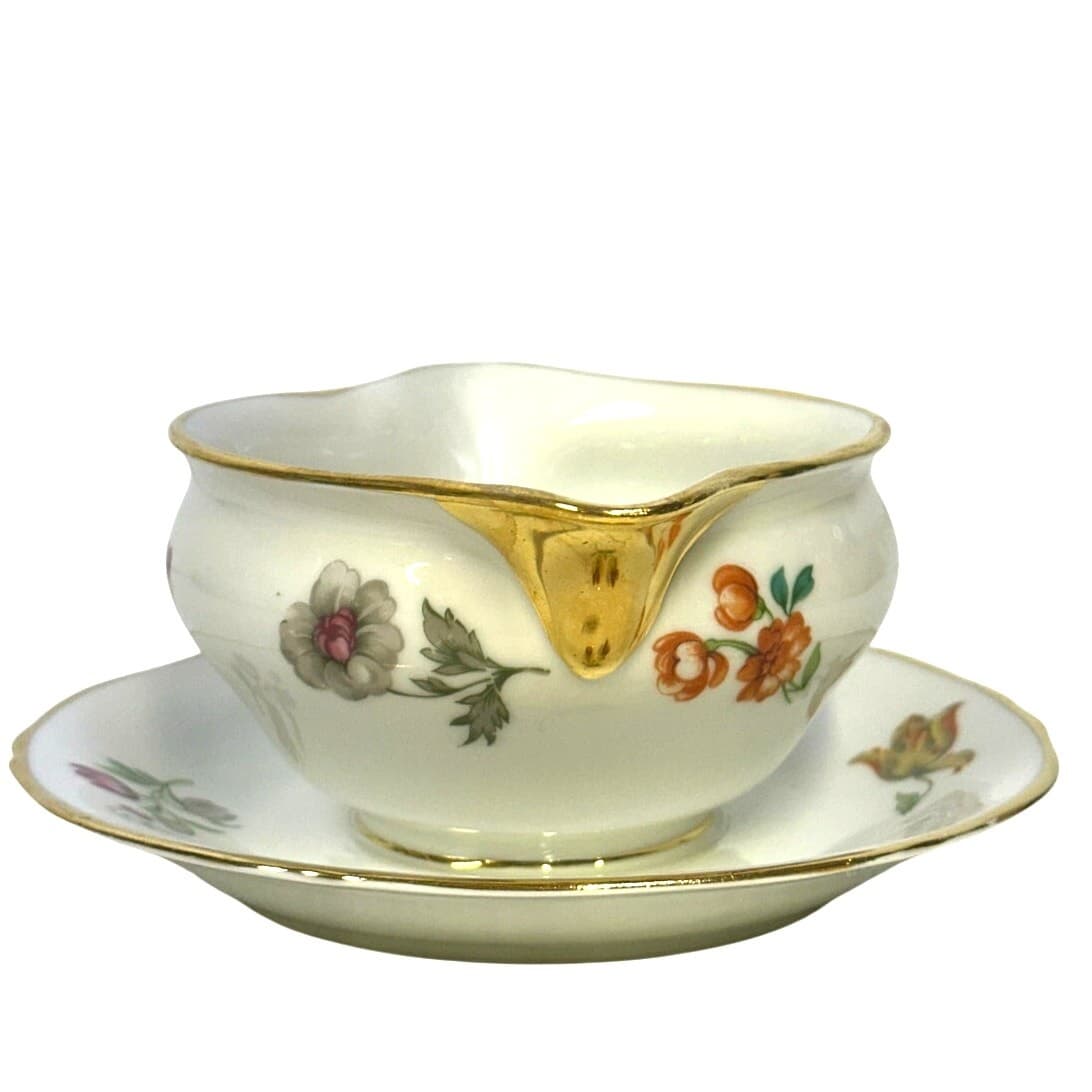 AJCO (AJ07) Vintage 1930's Gold Trim 'Flower' Gravy Boat/Attached Underplate - Thumbnail 4