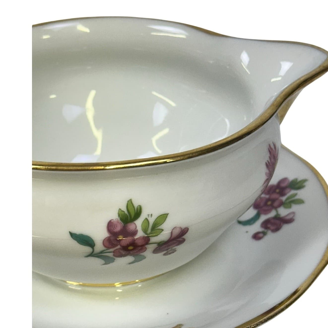 AJCO (AJ07) Vintage 1930's Gold Trim 'Flower' Gravy Boat/Attached Underplate - Thumbnail 6