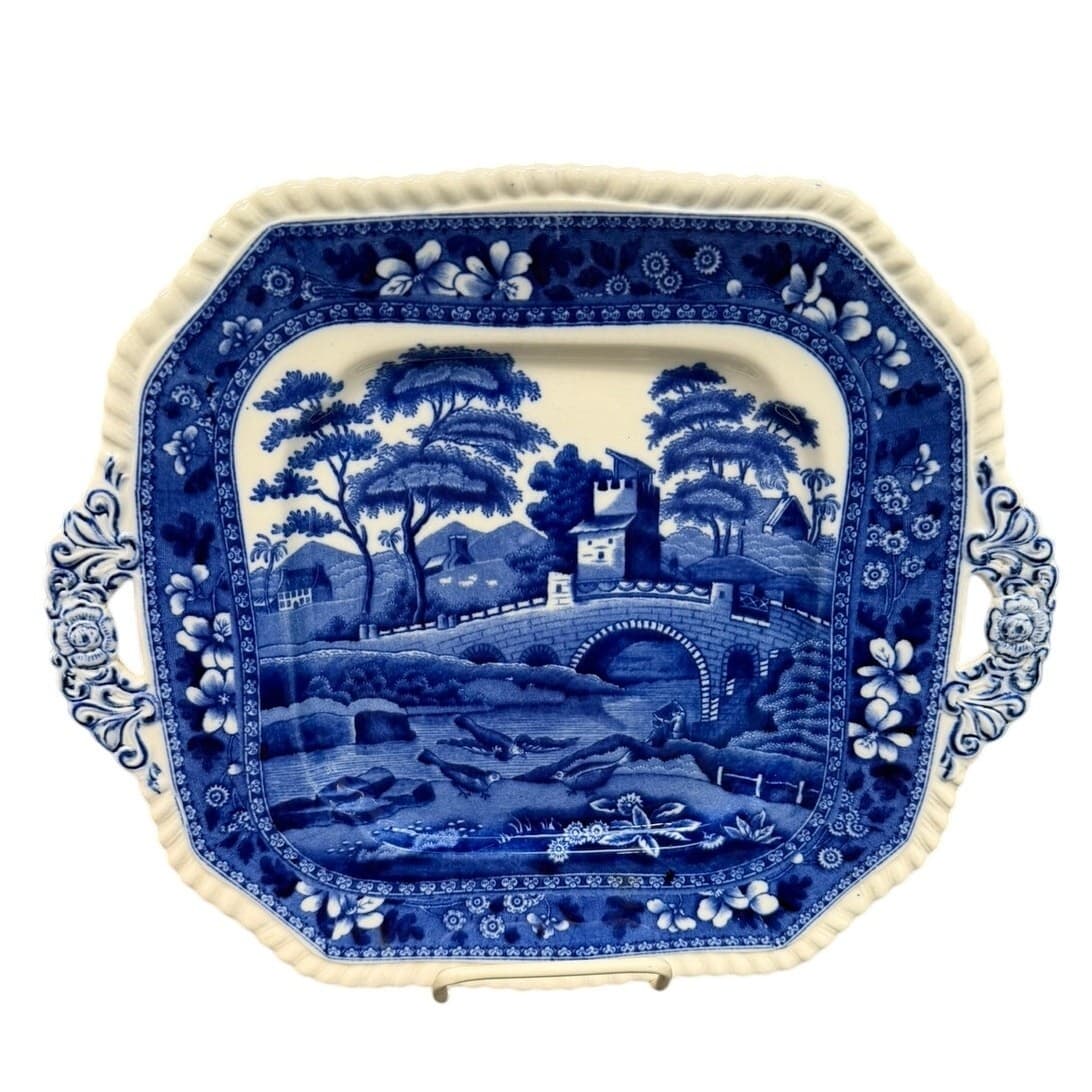 Antique Copeland Spode's Tower Blue Transferware Handle Platter Tray England 11" - Thumbnail 3