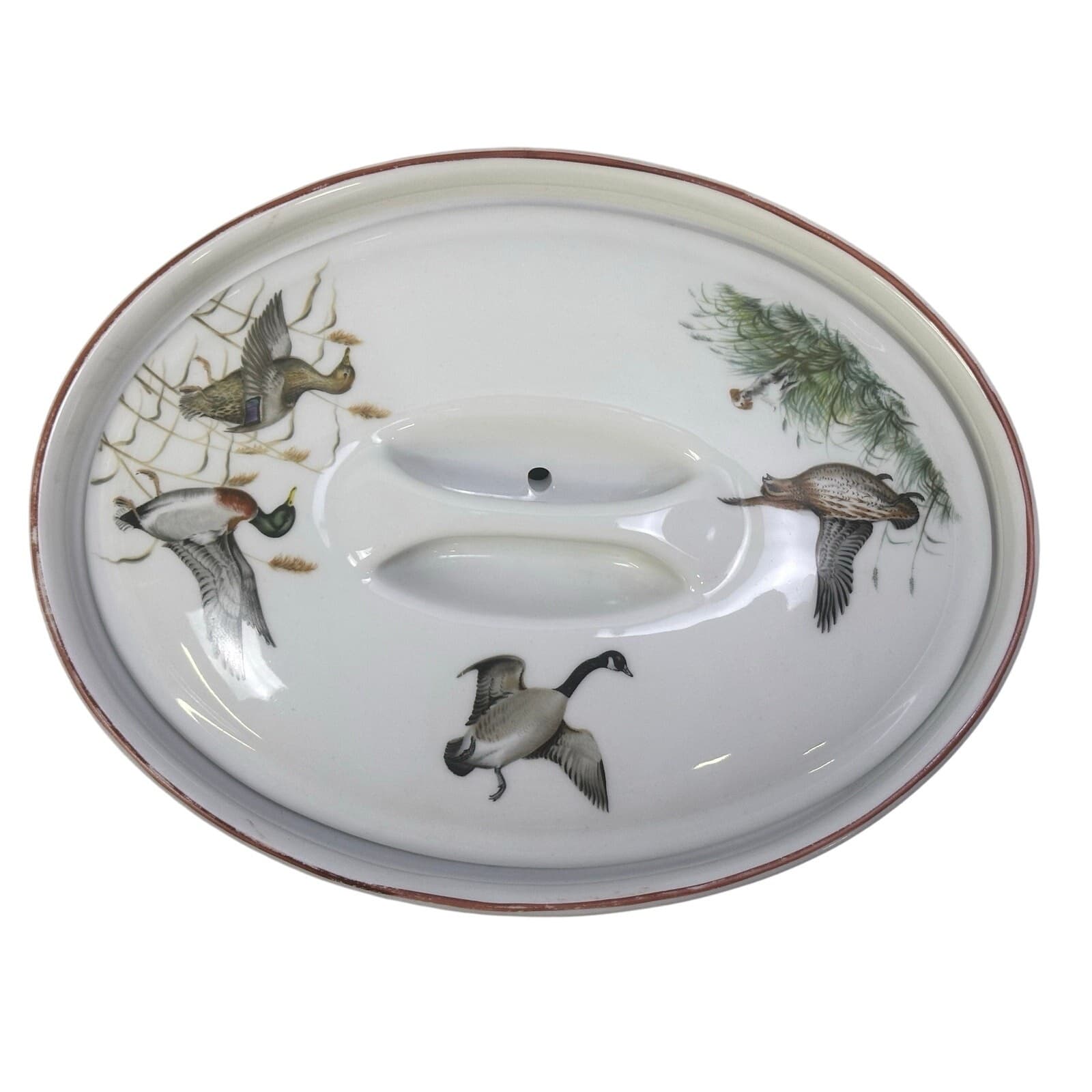 Porcelaine de Paris Vintage Oval Covered Baker Hand Painted Waterfowl Design - Thumbnail 4