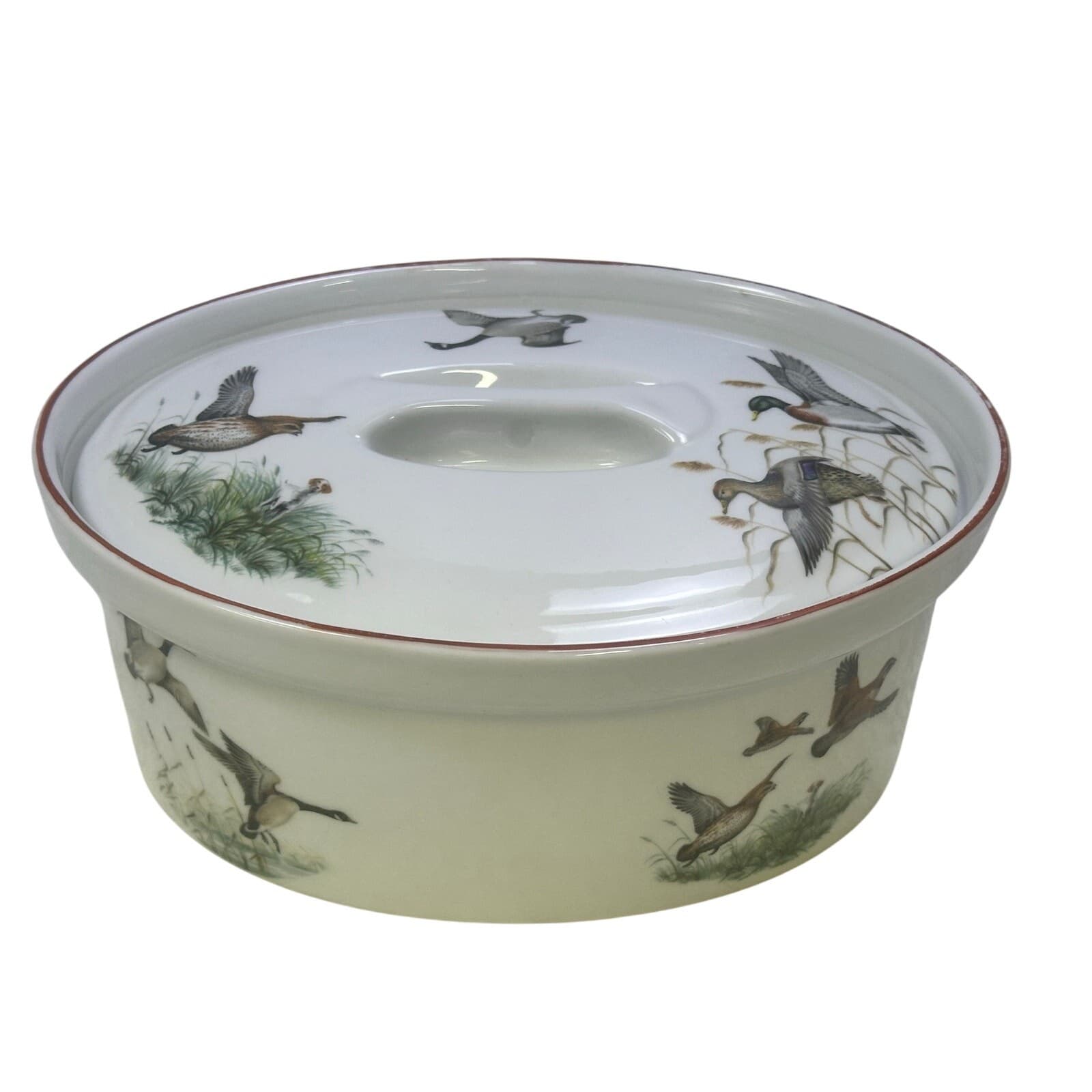 Porcelaine de Paris Vintage Oval Covered Baker Hand Painted Waterfowl Design - Thumbnail 2