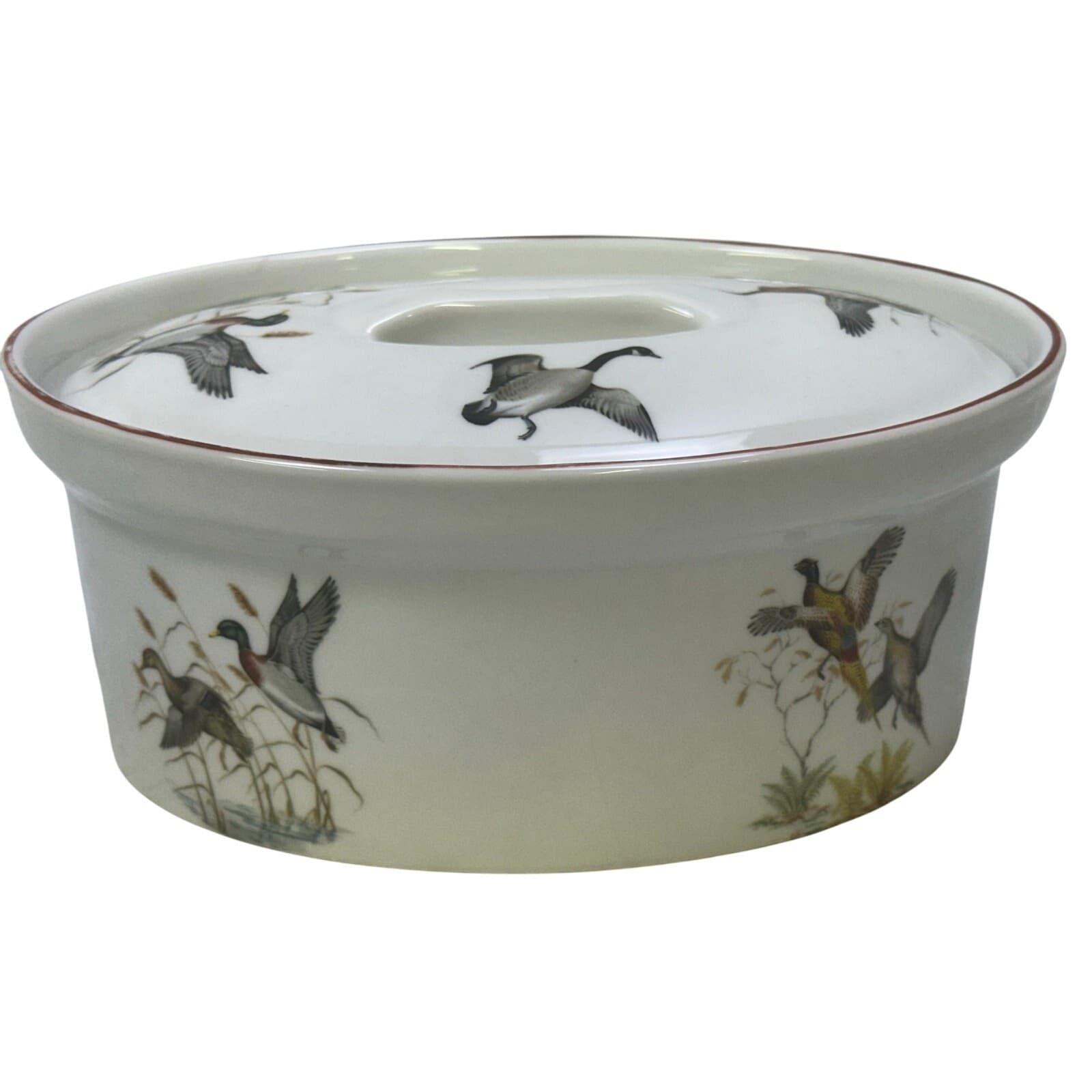 Porcelaine de Paris Vintage Oval Covered Baker Hand Painted Waterfowl Design - Thumbnail 3
