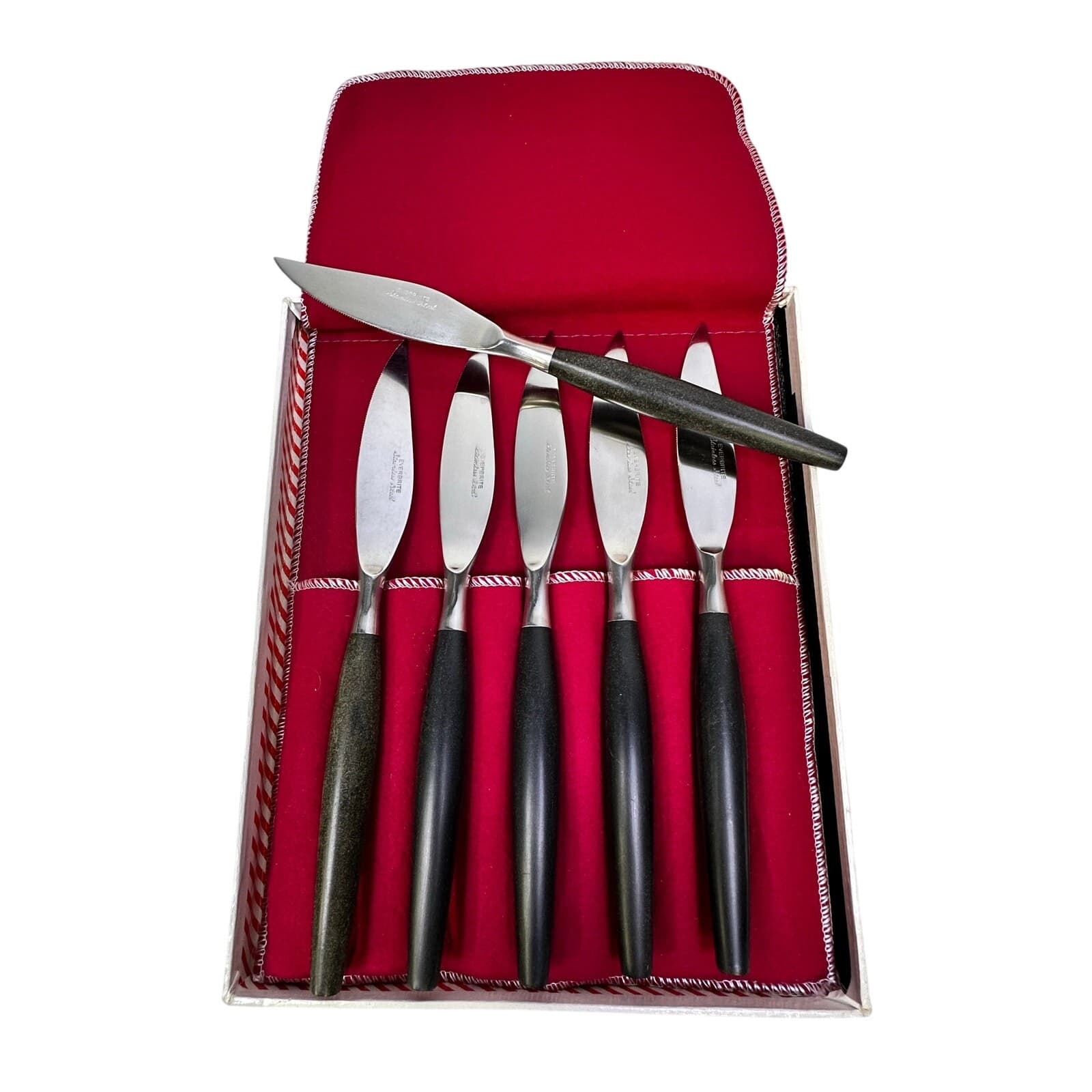 Everbright USA Top Quality Vintage MCM Set of 6 Wood Handled 8.5" Steak Knives