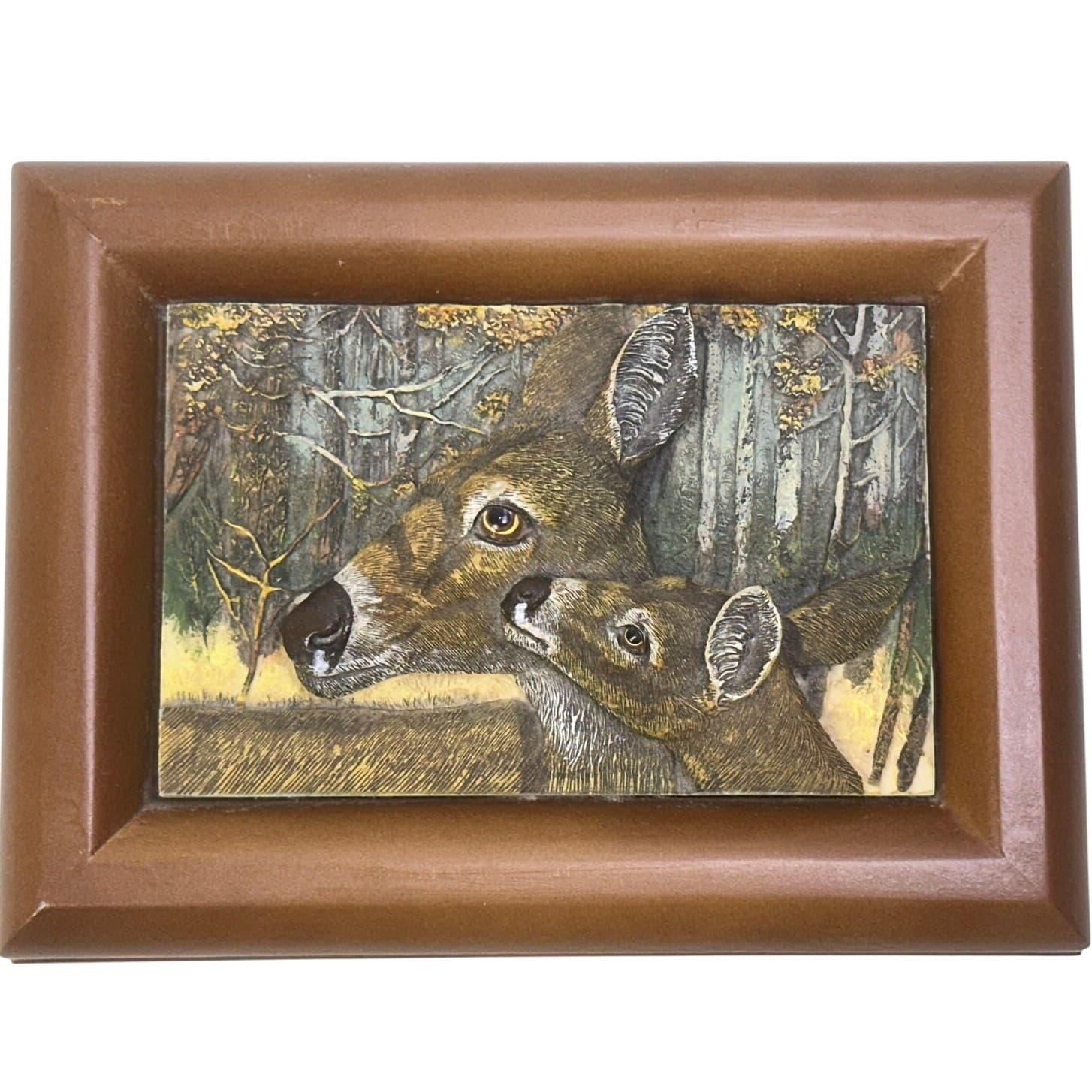 Raised Relief Doe & Fawn Deer Inlay Decorative Lined Wooden Trinket/Jewelry Box - Thumbnail 2