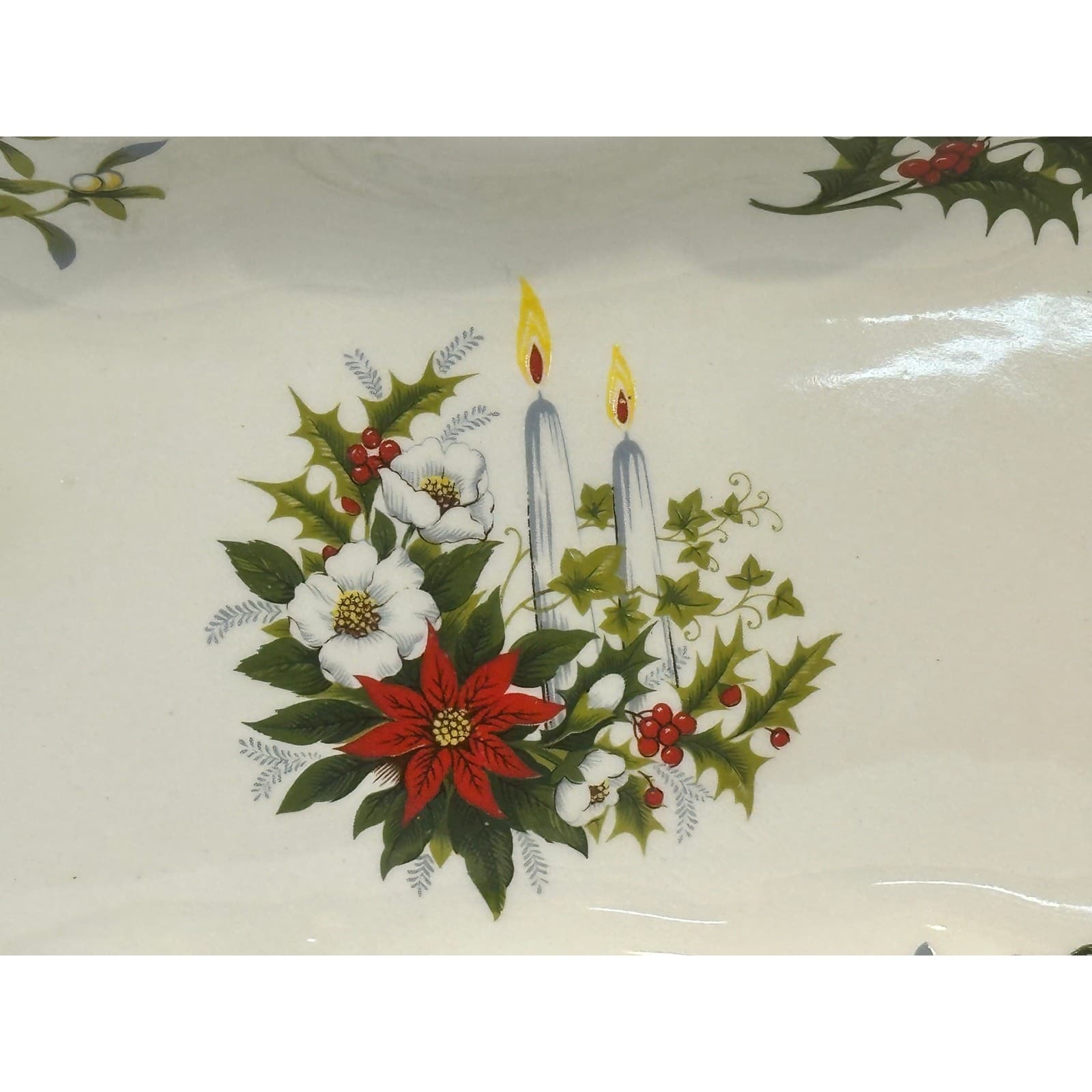 Aynsley & Co England Vintage Holly Berroes Poinsettia Candles Christmas Tray - Thumbnail 3