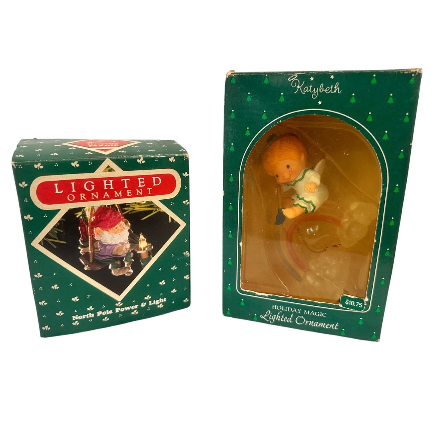 Hallmark Vintage Lighted Ornaments 1985 Katybeth & 1987 North Pole Power & Light