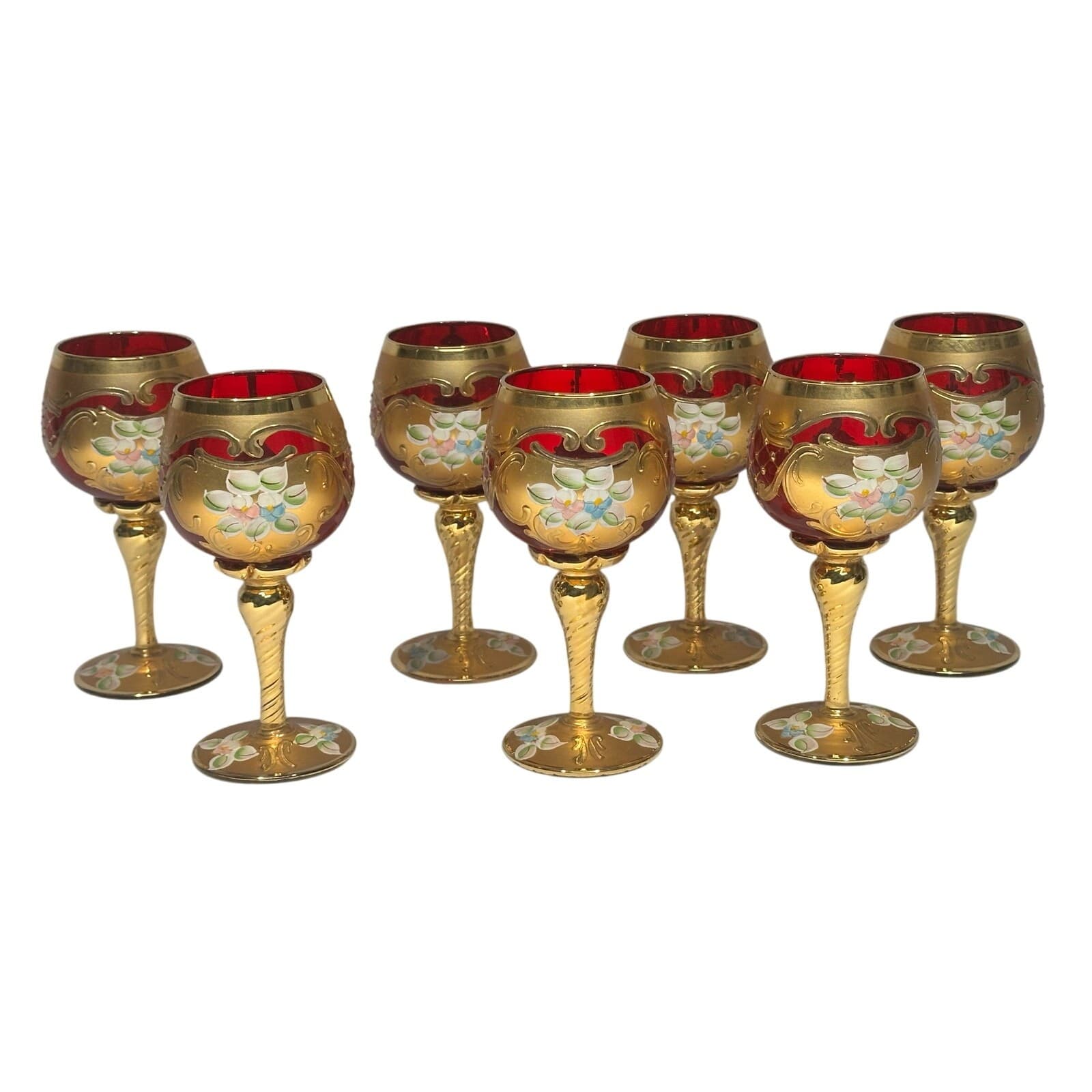 Tre Fuochi Murano Ruby Red Hand Painted Enamel 24KT Gold Overlay Stemware Set-7 - Thumbnail 5