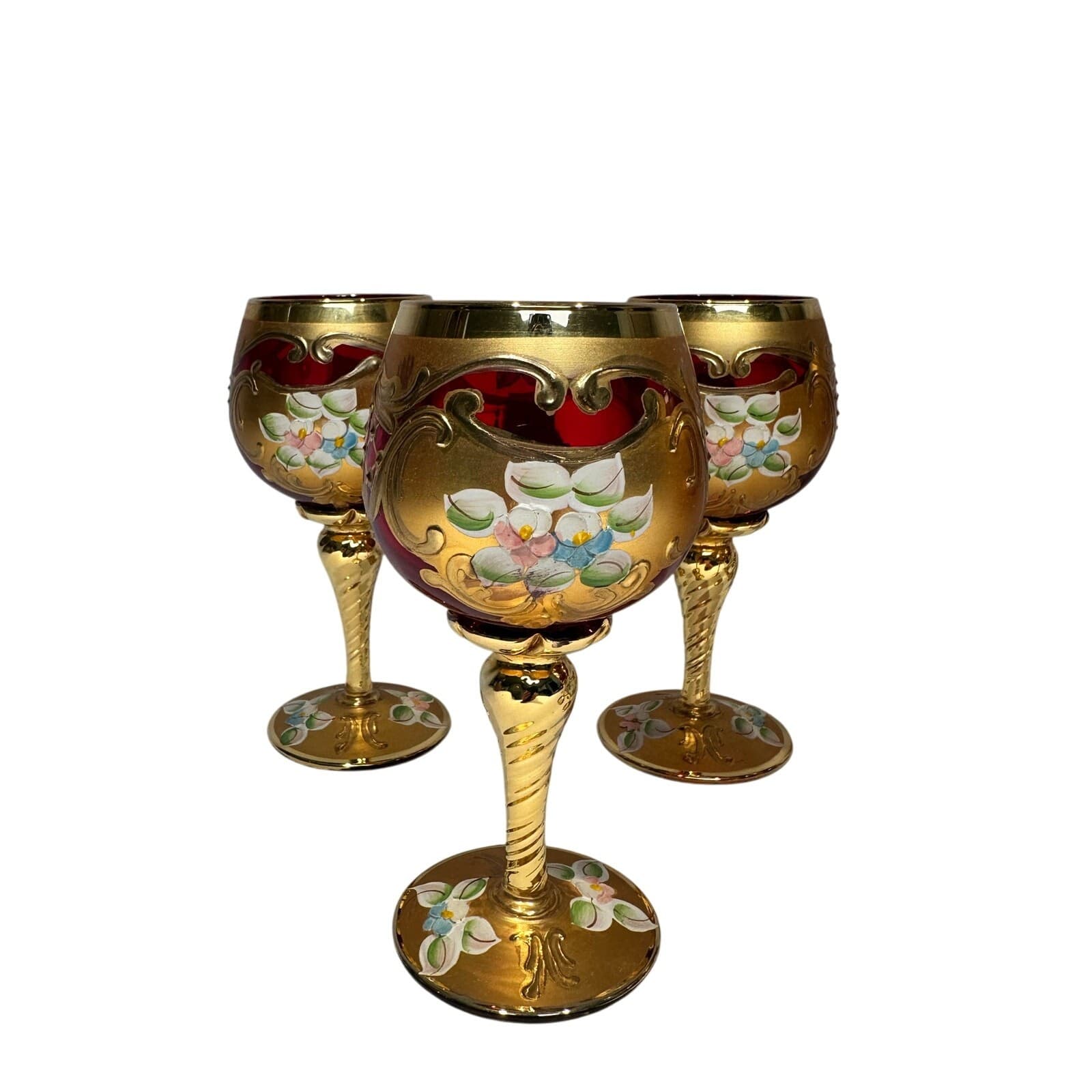 Tre Fuochi Murano Ruby Red Hand Painted Enamel 24KT Gold Overlay Stemware Set-7 - Thumbnail 2
