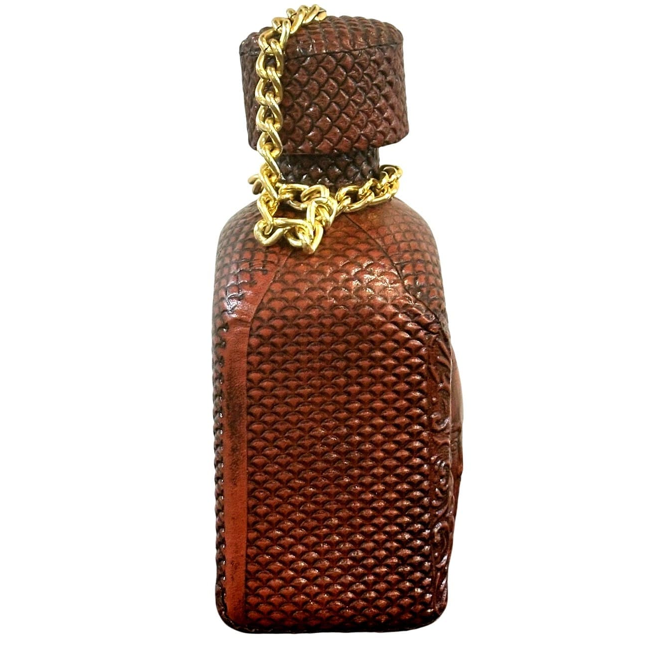 Tool Embossed Leather Wrapped Vintage Spirits Amber Bottle Decanter Cork Stopper - Thumbnail 4