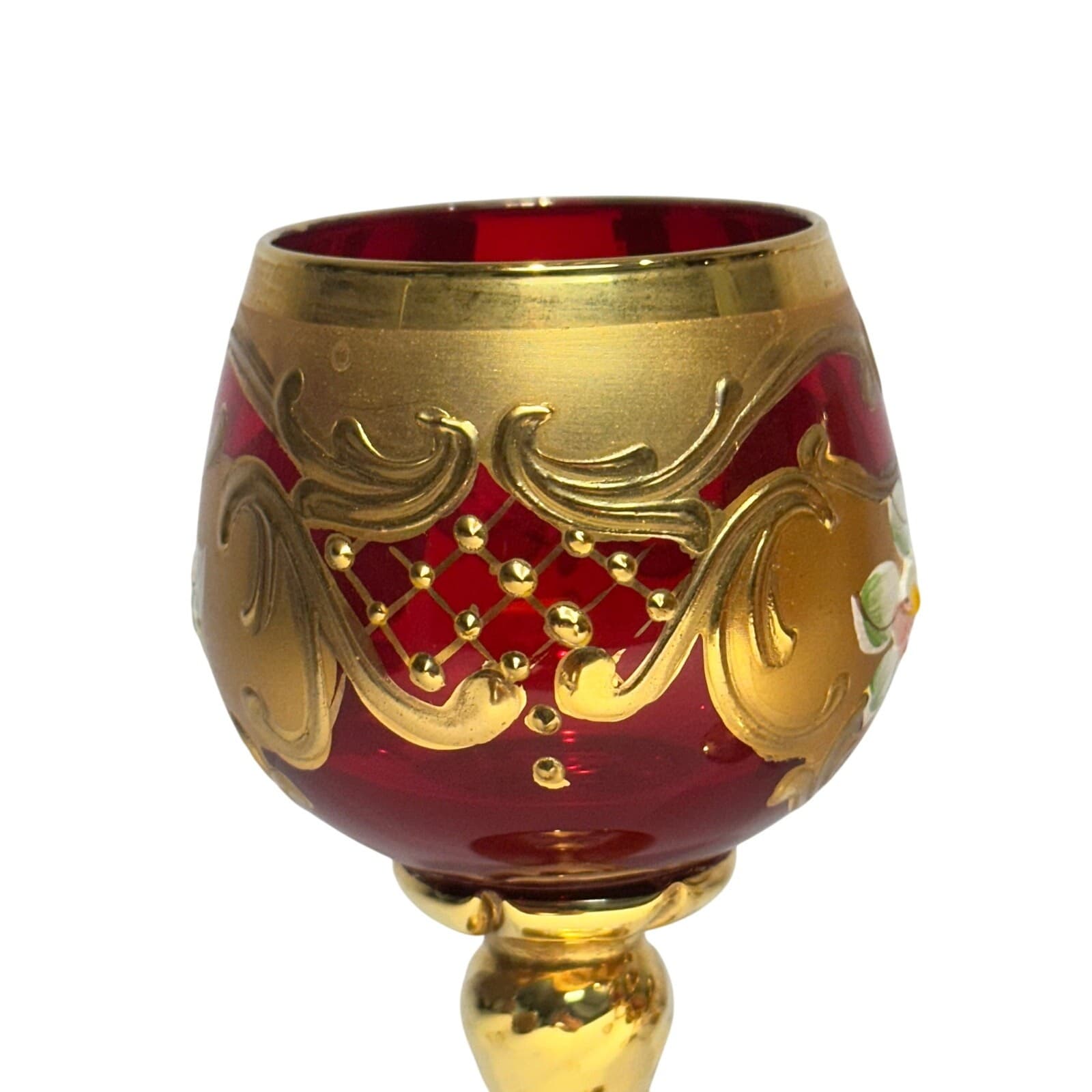 Tre Fuochi Murano Ruby Red Hand Painted Enamel 24KT Gold Overlay Stemware Set-7 - Thumbnail 9