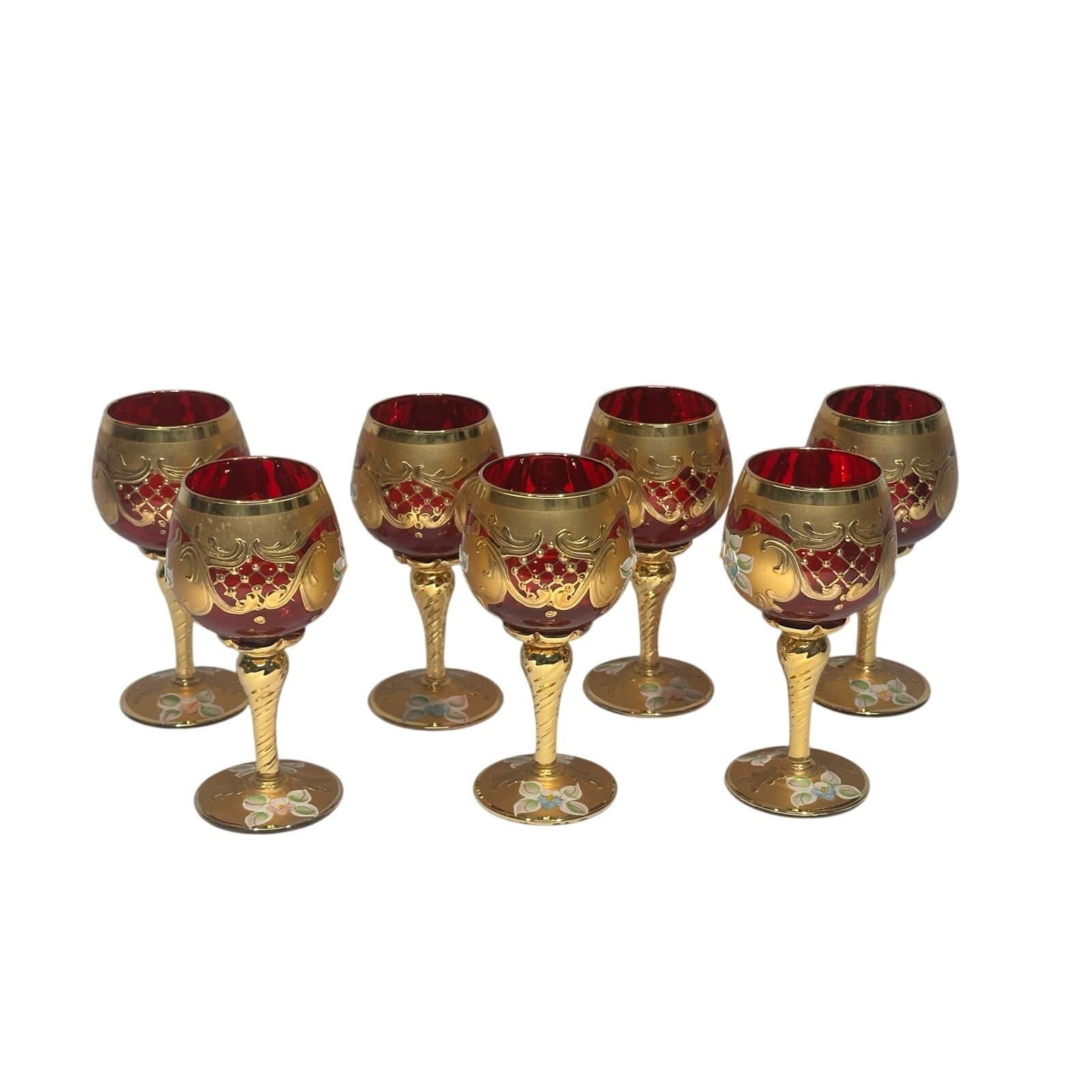 Tre Fuochi Murano Ruby Red Hand Painted Enamel 24KT Gold Overlay Stemware Set-7 - Thumbnail 3