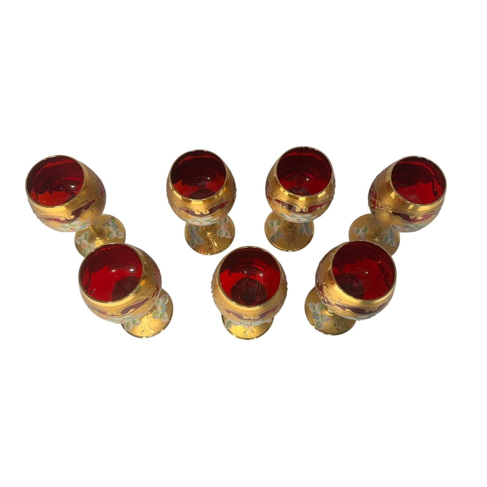 Tre Fuochi Murano Ruby Red Hand Painted Enamel 24KT Gold Overlay Stemware Set-7 - Thumbnail 4
