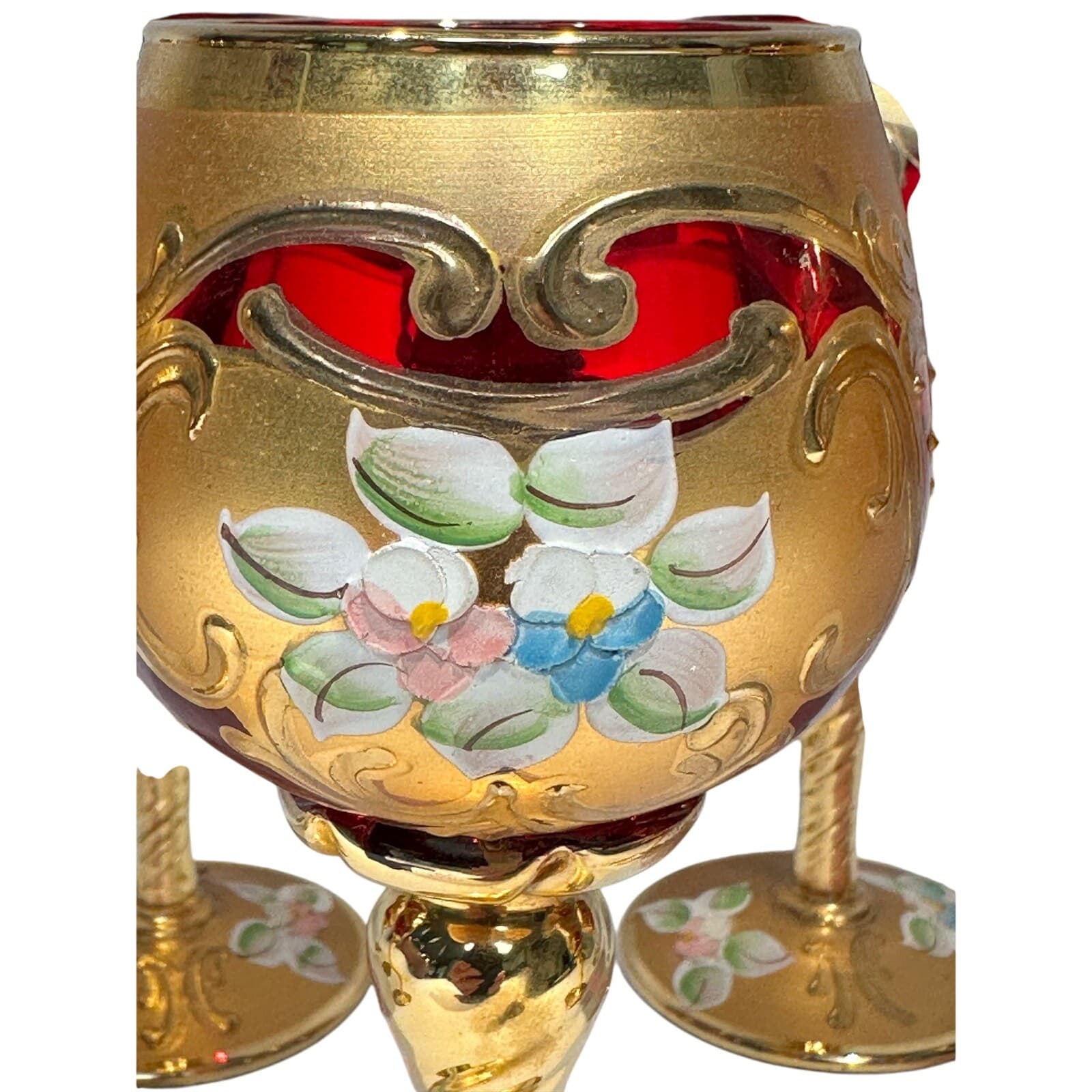 Tre Fuochi Murano Ruby Red Hand Painted Enamel 24KT Gold Overlay Stemware Set-7 - Thumbnail 8
