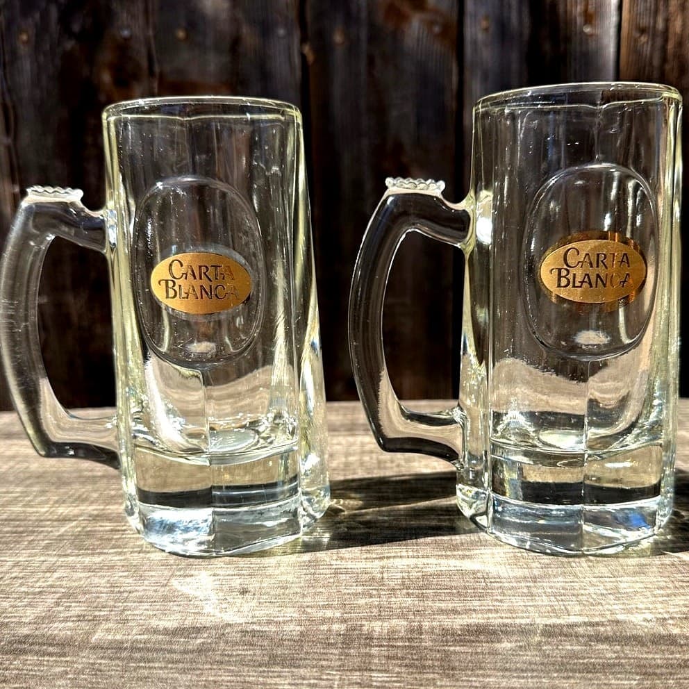 Carta Blanca Vintage Mexican 12oz Thick Glass Beer Stein Gold Logo-Set of 2 - Thumbnail 3