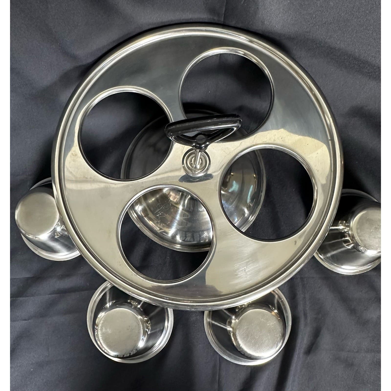 Mid-Century Modern Large Stainless Condiment Snack Holder Lazy Susan - Thumbnail 4