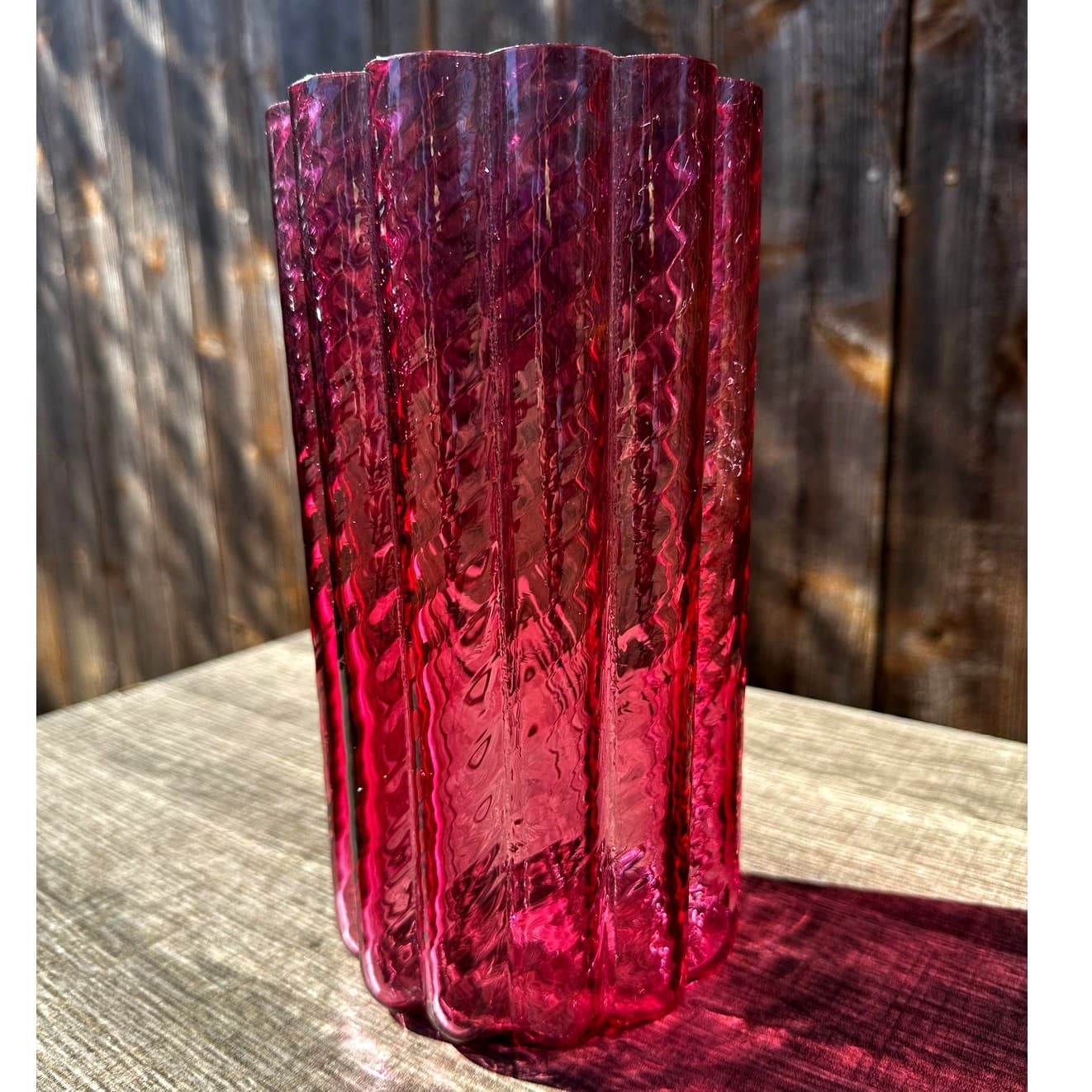 Pilgrim Art Glass Vintage Cranberry Glass 'Ionic' Ribbed Scalloped Optic Vase - Thumbnail 7